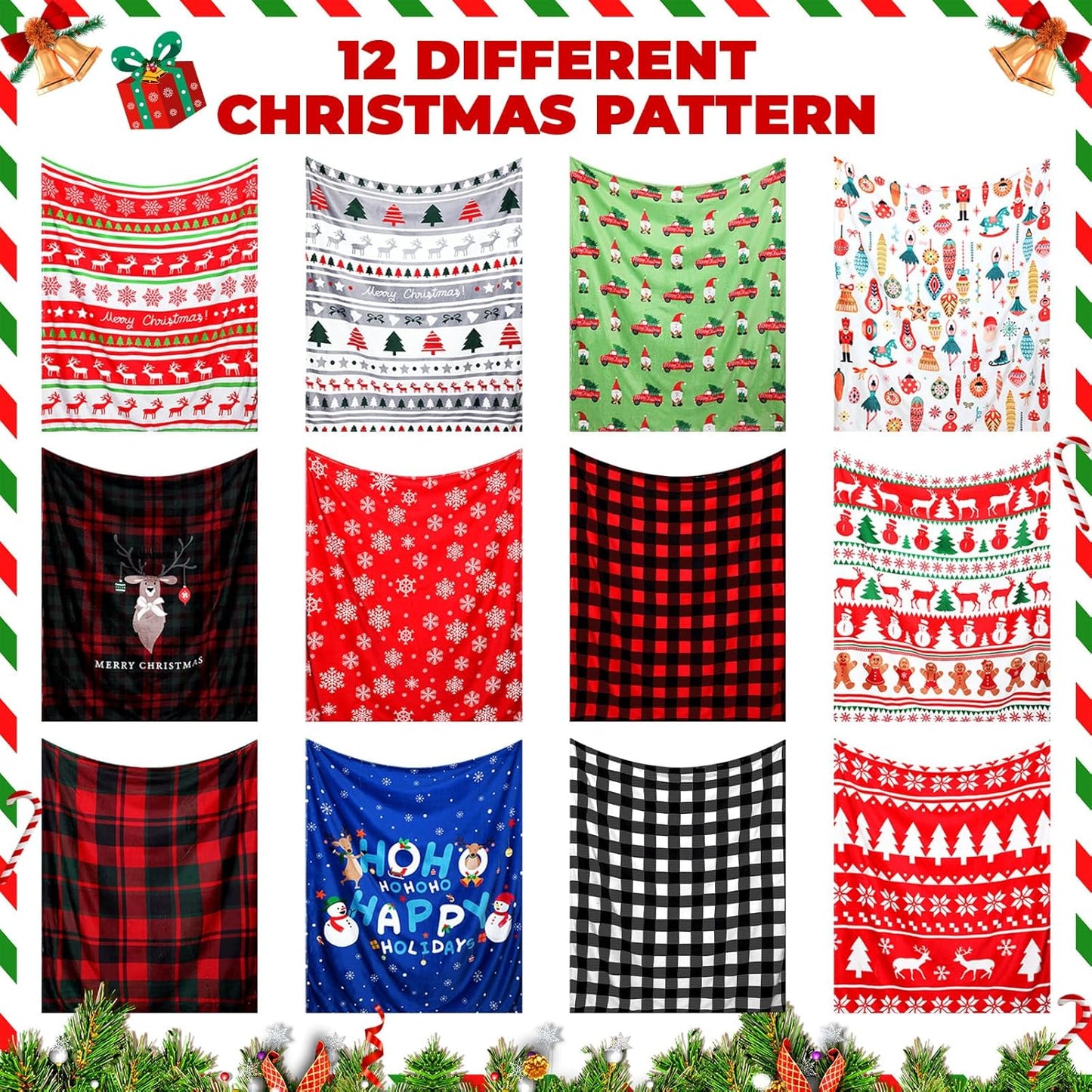 Newwiee 12 Pack Christmas Throw Blanket Buffalo Plaid Prints Fleece Blanket Bulk 50 x 60 Inch Xmas Plush Warm Holiday Flannel Blankets and Throws for Xmas Home Couch Bed Winter Gift Homeless Supplies
