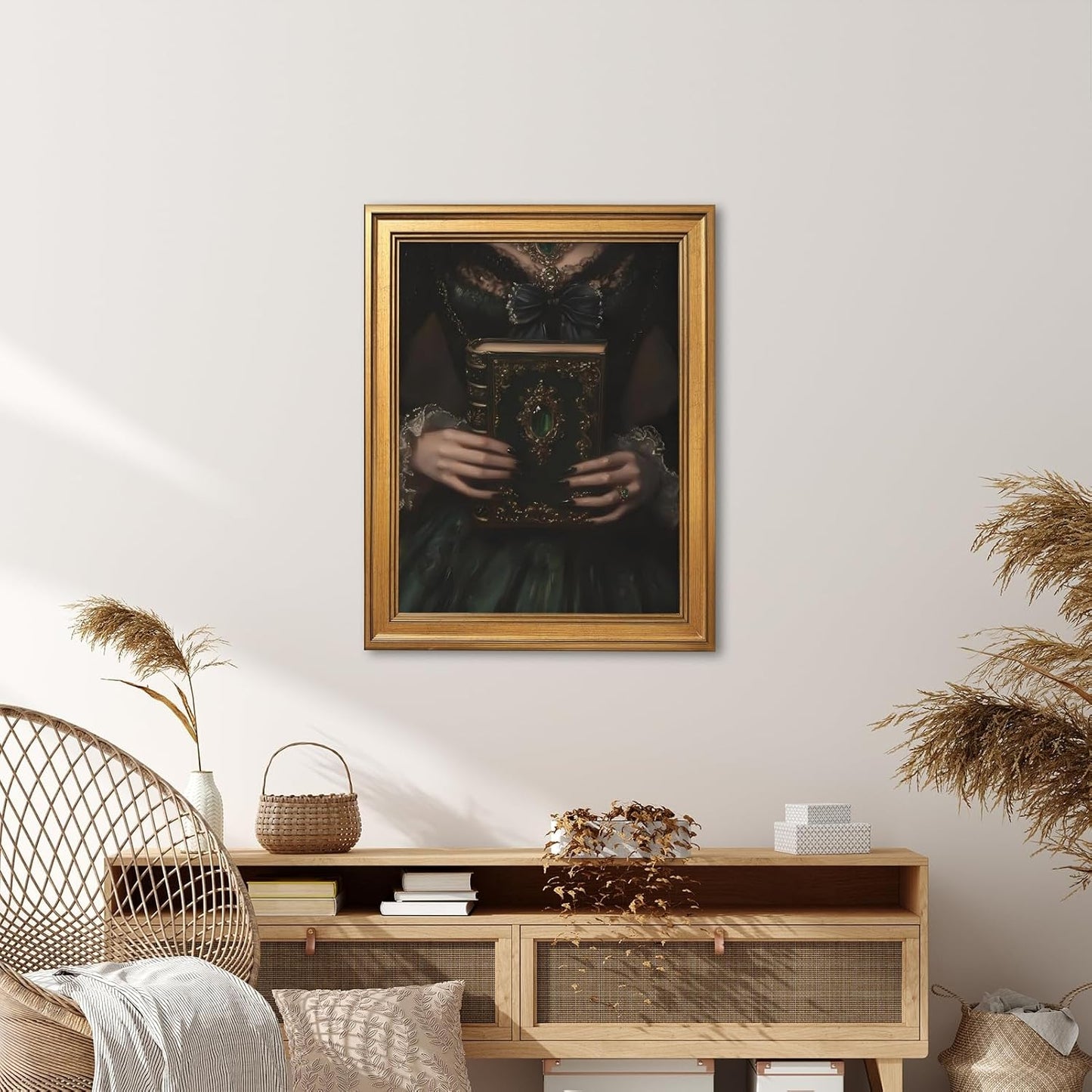 LEKDRA Large Framed Wall Art Vintage Gothic Witchy Poster Canvas Print Dark Academic Victorian Aesthetic Painting Emerald Green Bookish Coquette Pictures Wall Decor for Bedroom 24x36inch Golden Frame