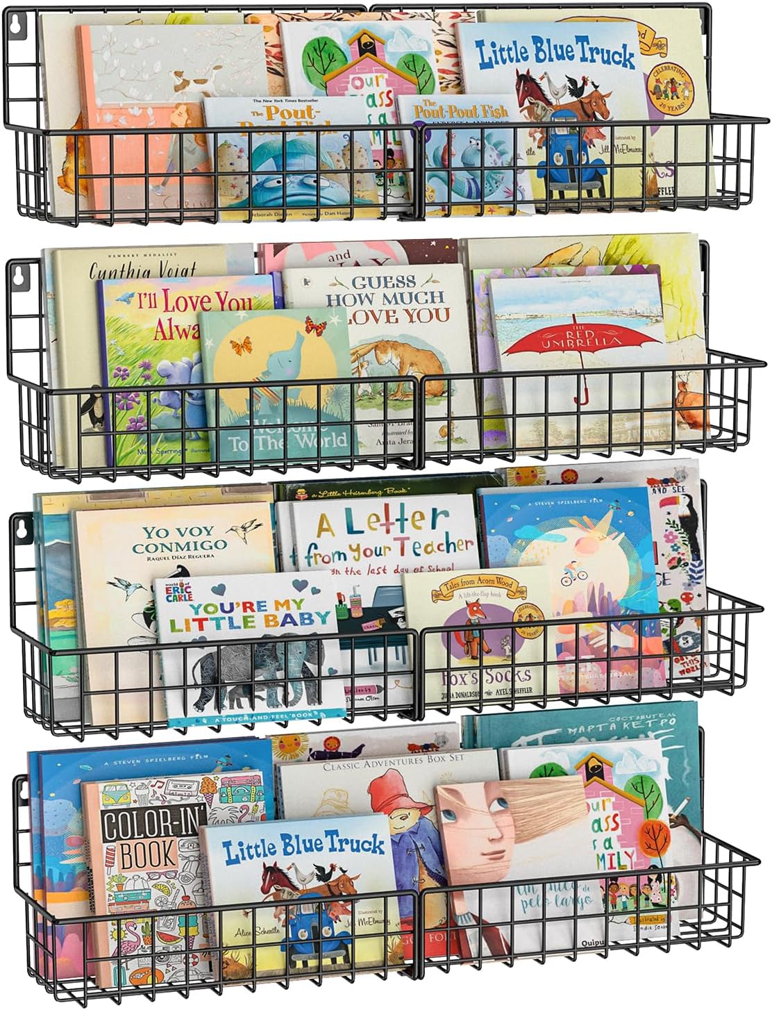 X-cosrack 24 Inch Wall Mounted Kids Bookshelf, Floating Metal Book Shelves for Kids Nursery Toddler Classroom, Hanging Book Shelf Organizer for Room Decor, Black, Set of 4