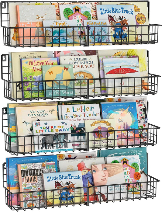 X-cosrack 24 Inch Wall Mounted Kids Bookshelf, Floating Metal Book Shelves for Kids Nursery Toddler Classroom, Hanging Book Shelf Organizer for Room Decor, Black, Set of 4