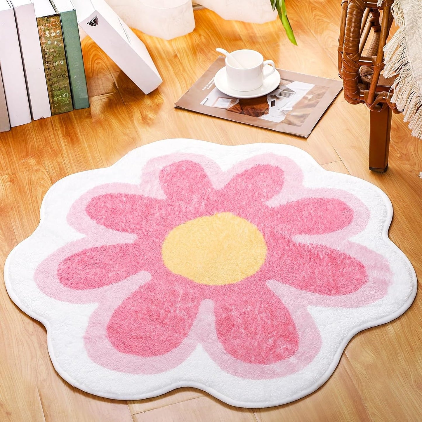 Tinideya Aesthetic Cute Flower Round Area Rug Non Slip Circle Soft Fluffy Flower Rug Indoor Floor Mat Carpet for Girls Bedroom Bathroom Living Room Sofa Nursery Decor(Pink, 2 ft)