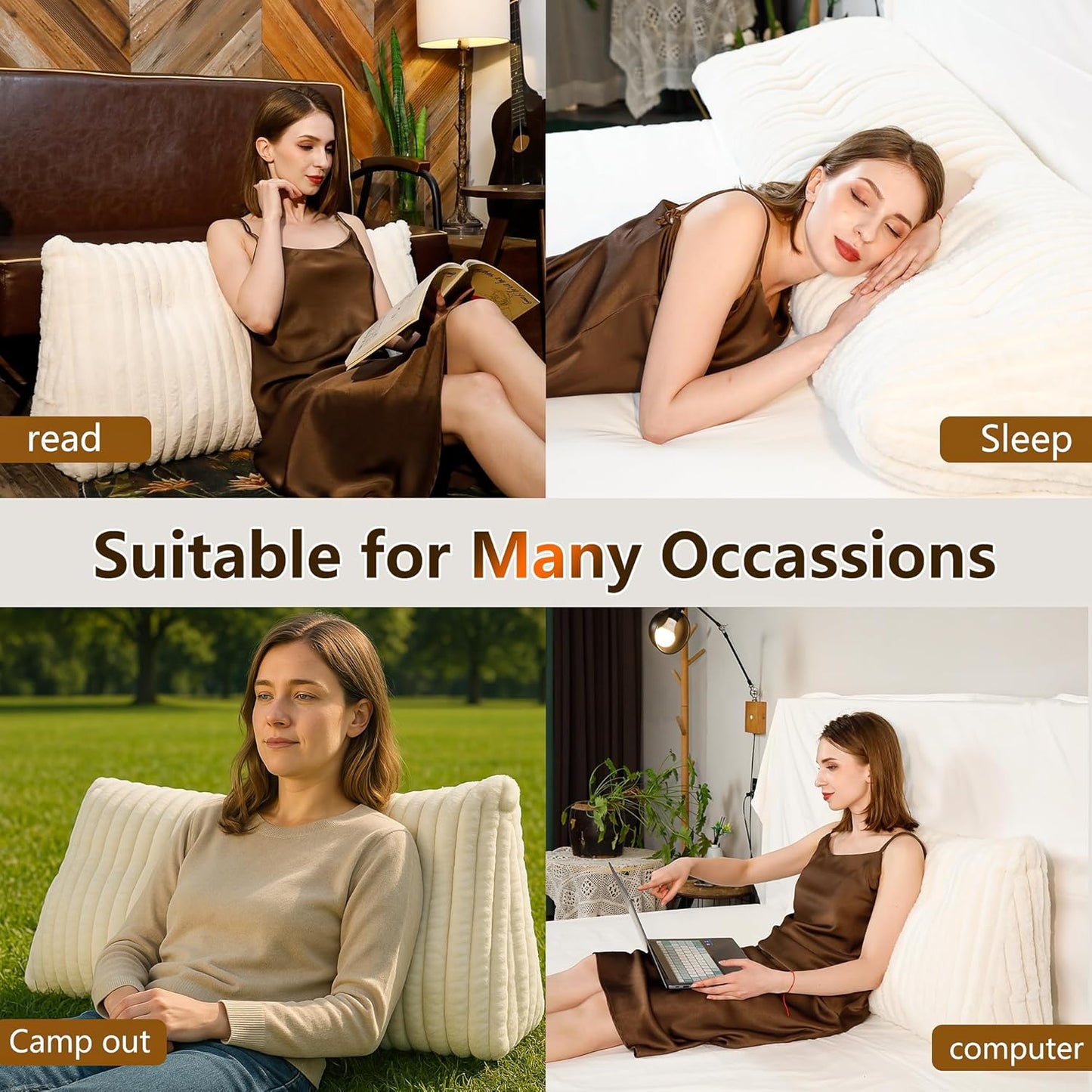 Luxury Faux Fur Headboard Pillow Queen Size - Large Triangular Wedge Cushion for Bed & Sofa, Fluffy Reading Backrest Bolster with Detachable Neck Roll, Washable Cover & Side Pocket, Ivory