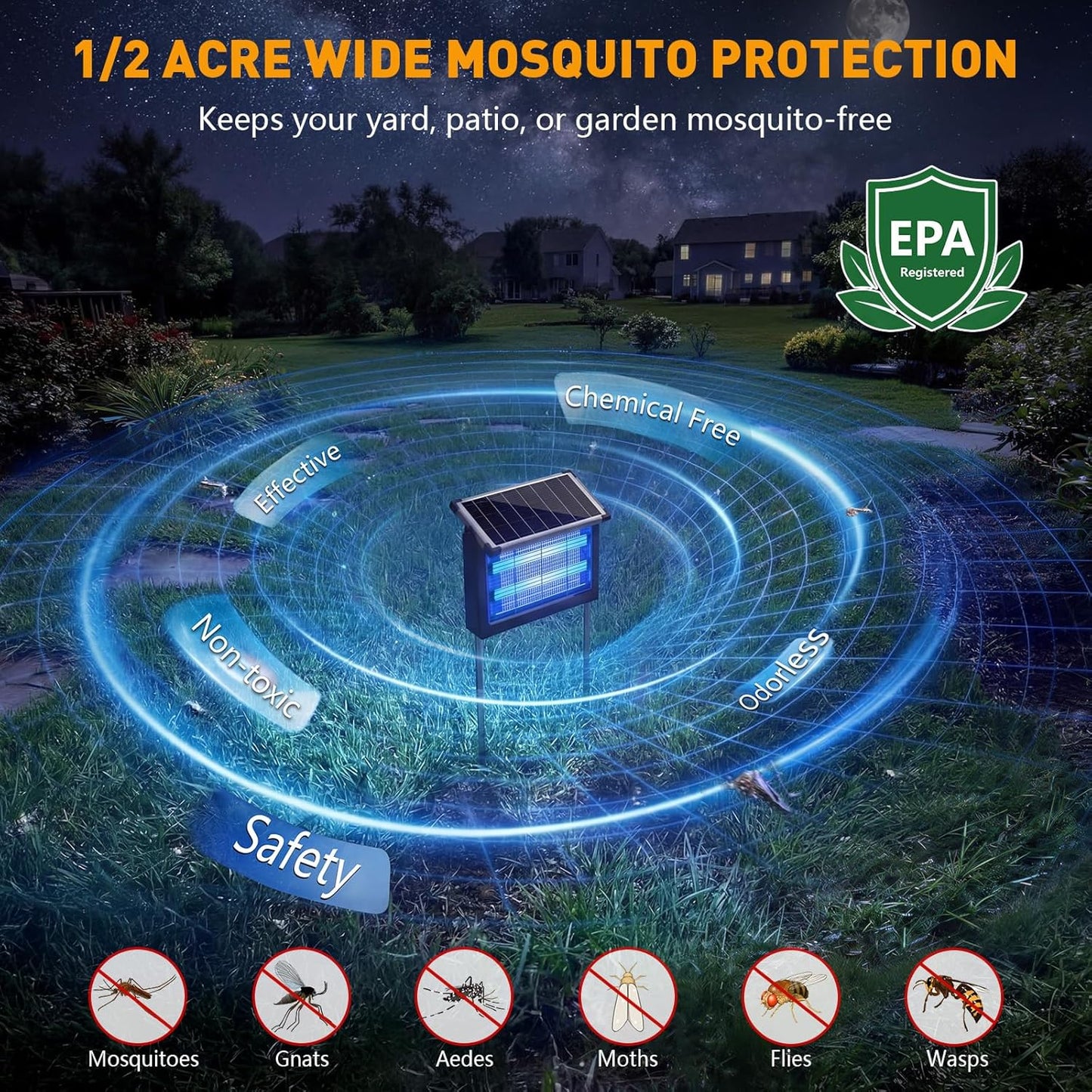 Solar Bug Zapper Outdoor, 4500V Solar Mosquito Zapper for Outdoor & Indoor, 1/2 Acre Coverage Cordless Rechargeable Electric Fly Zapper, IP66 Waterproof Mosquito Traps for Backyard, Patio, Camping