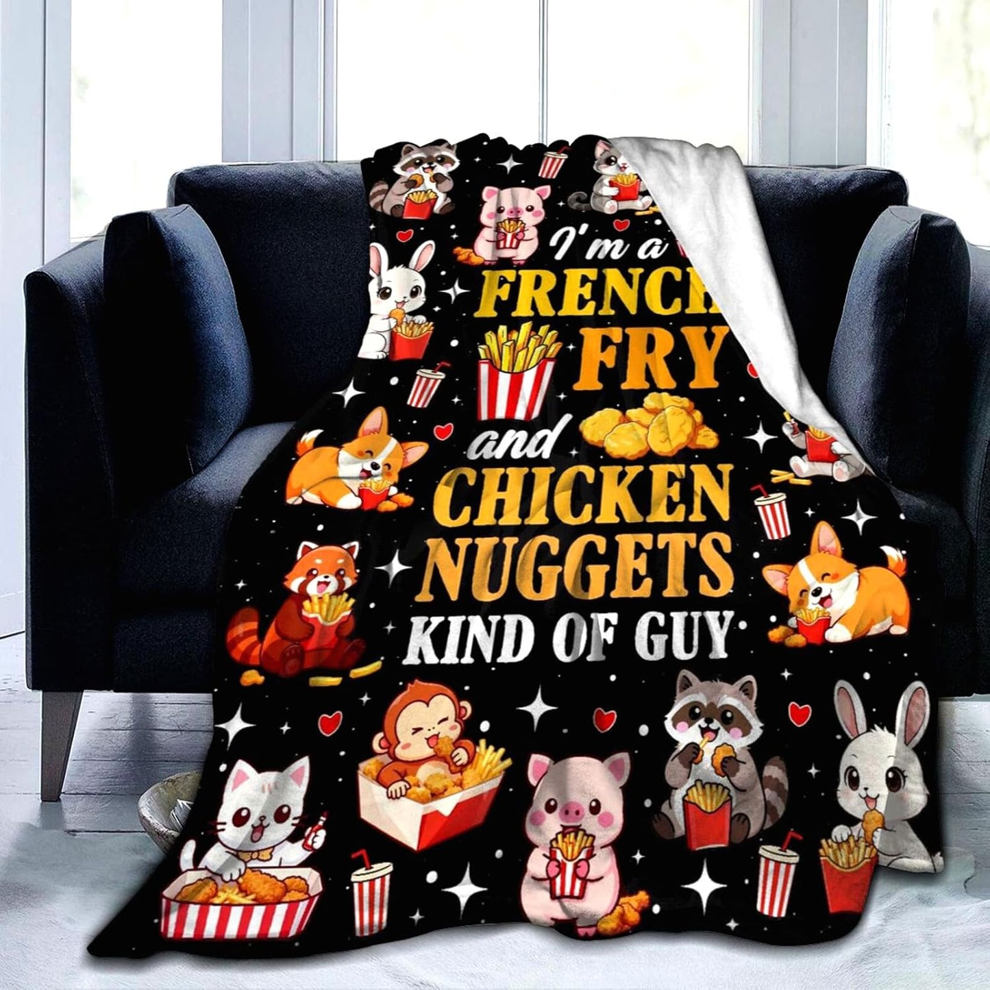 Chicken Nuggets Gifts Blanket Funny French Fries Food Blanket Animal Throw Blankets for Boys Girls Home Decor for Bed Couch Living Room 50"X40"