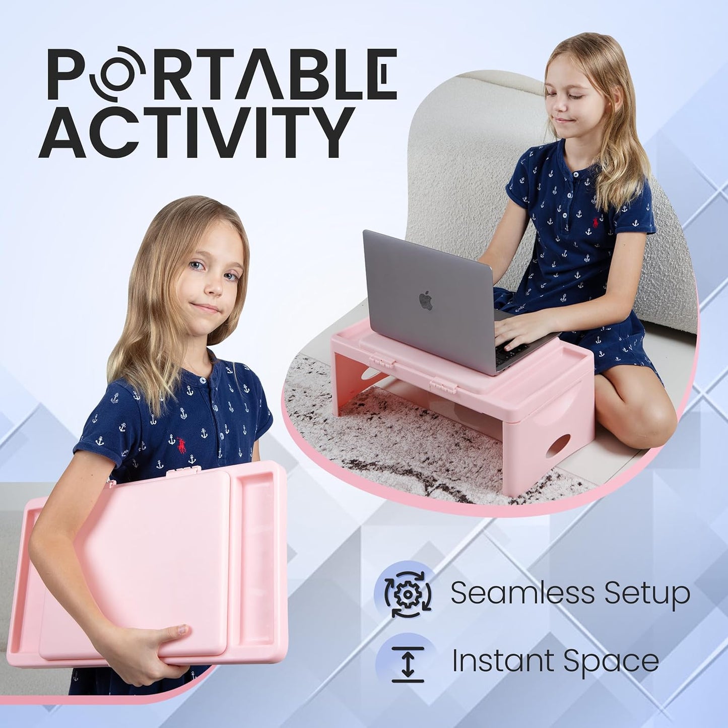 Loddie Doddie Folding Lap Desk - Blush, Plastic & Steel - Sturdy Car Seat Tray for Kids Travel - Lap Desk with Storage Pocket & Accessory Trays - Fits Most Laptops as Laptop Bed Table