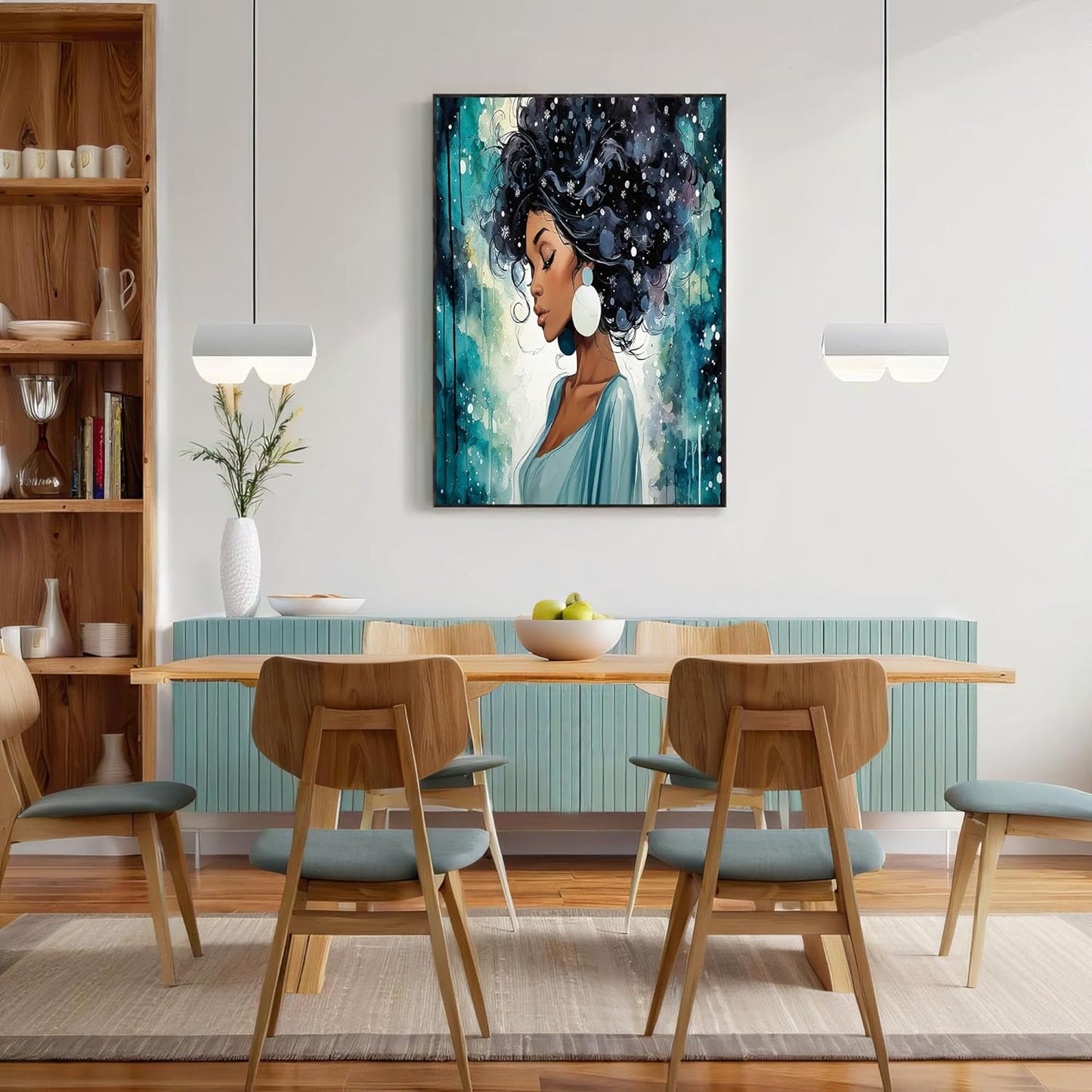 GDJSMIN Watercolor Style Wall Art, Beautiful Black Woman Light Blue Dress Poster for Reading Room Living Room Decor 16x 24 inch Unframed