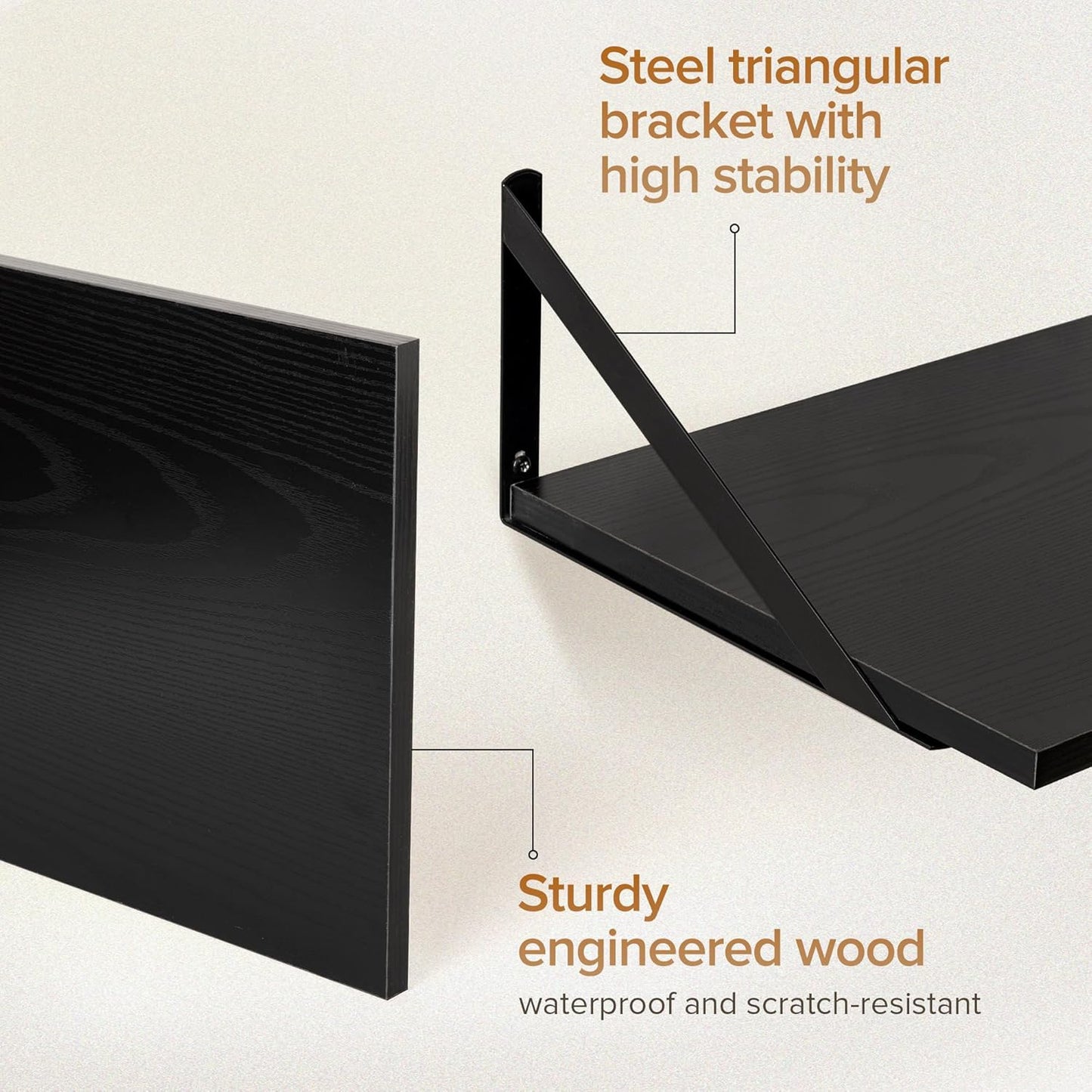 Deep Floating Shelves Wall Mounted, 16"x12" Black Wall Shelves with Brackets Set of 2 for Bedroom, Living Room, Bathroom, Kitchen, Office - Storage & Display Shelf for Decor, Books, Plants