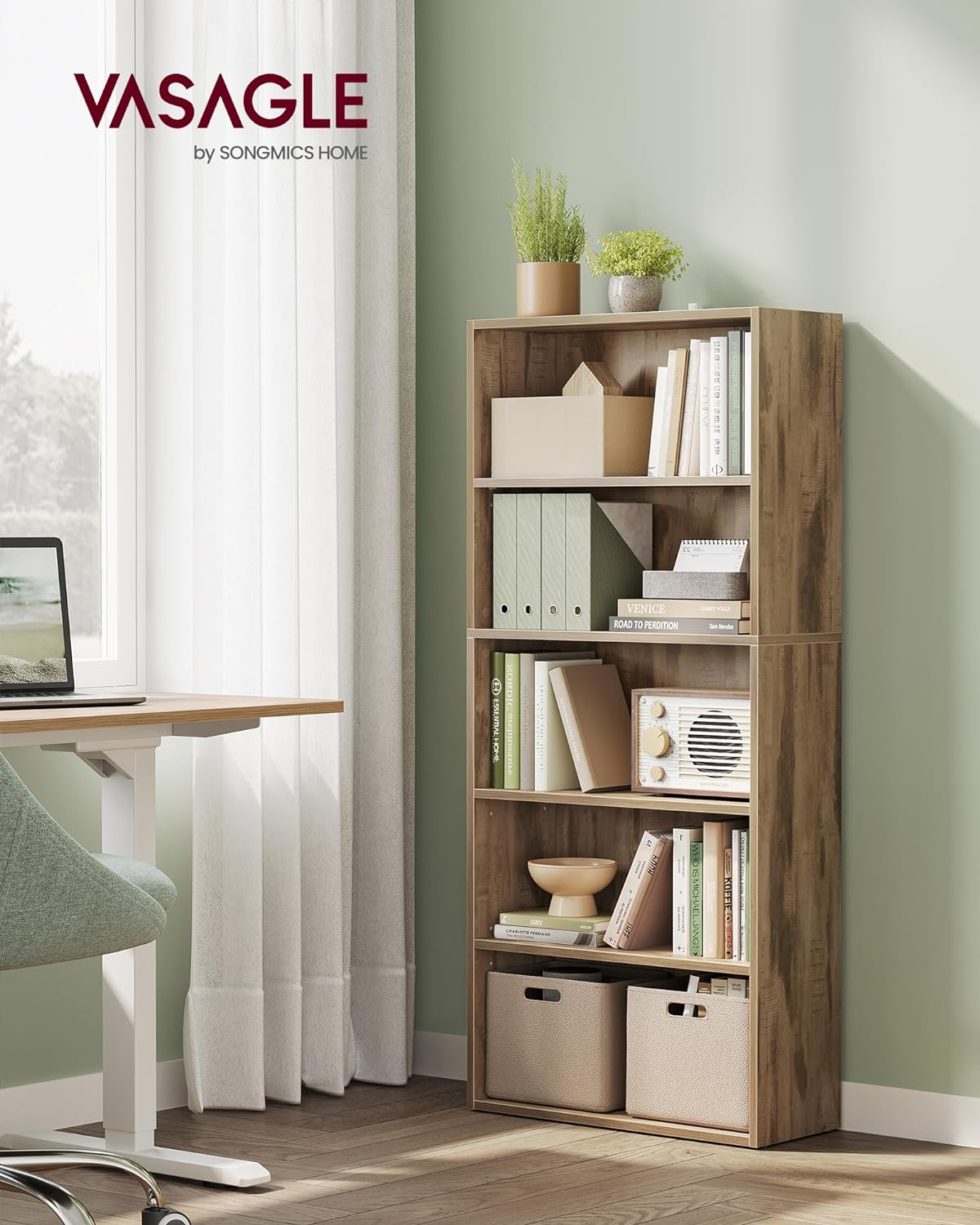 VASAGLE Custos Collection - Bookshelf, 5-Tier Bookcase, Book Shelf, Open Storage Shelf, 9.4 x 23.6 x 52.8 Inches, for Living Room, Home Office, Dinning Room, Camel Brown ULBC165T50
