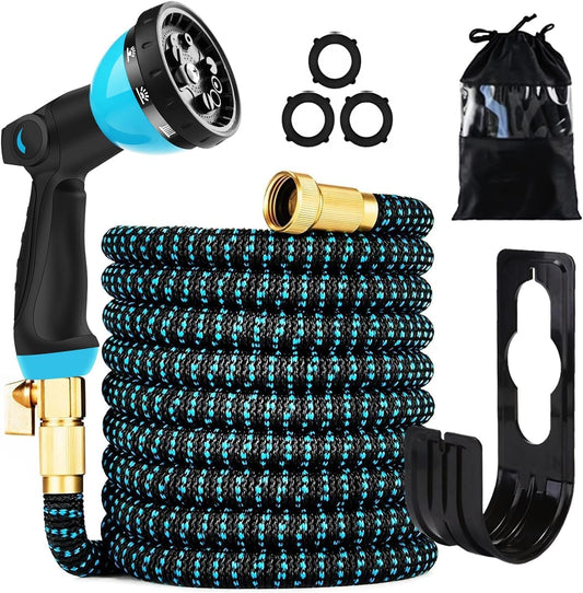 100 ft Expandable Garden Hose - Kink Free Flexible Water Hose with Thumb-Controlled 10-Function Nozzle, 3/4 Solid Brass Connectors, Retractable Latex Core - Lightweight Expanding Hose