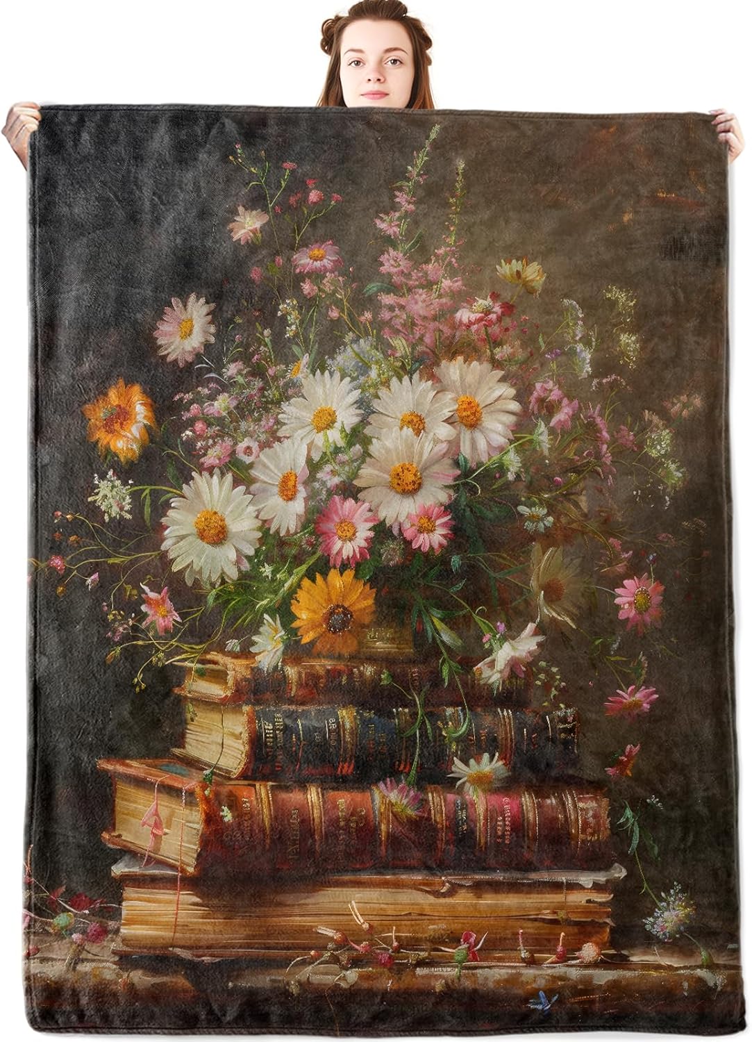 Vintage Book and Wildflower Flannel Blanket,Romantic Floral Throw with Oil Painting Style,Lightweight Fleece Blankets for Books and Art Lover,Couch,Cabin,Bed,Camping Decor Gifts,60x50in