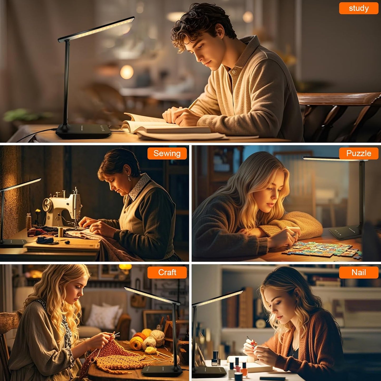 shinelife LED Desk Lamp for Office Home, Bright Desk Light with USB Charging Port, Adjustable Dimmable Desk Lamps 5 Modes 5 Brightness, Touch Study Lamp for Nail, Craft, Puzzle, Sewing, Study, Black