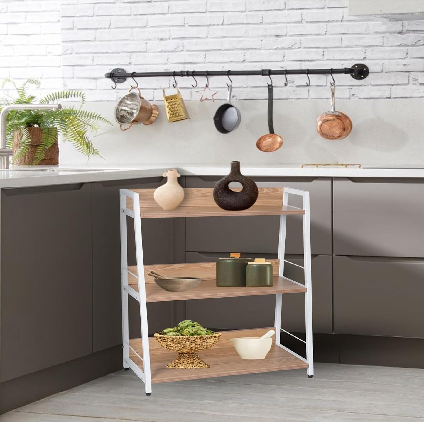Kitchen Shelf, 3 Tier Ladder Shelf, Freestanding Book Shelf and Kitchen Storage Shelf Organizer, Wood and Metal Display Shelf for Living Room, Kitchen, Bedroom, Office (White, 3 Tier)