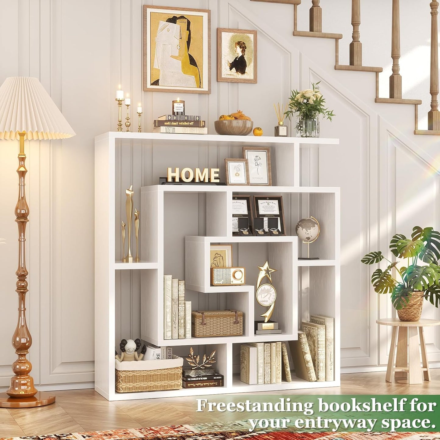 6-Tier Geometric Bookcase — Wall Mounted & Freestanding, 45.5×47 in, White