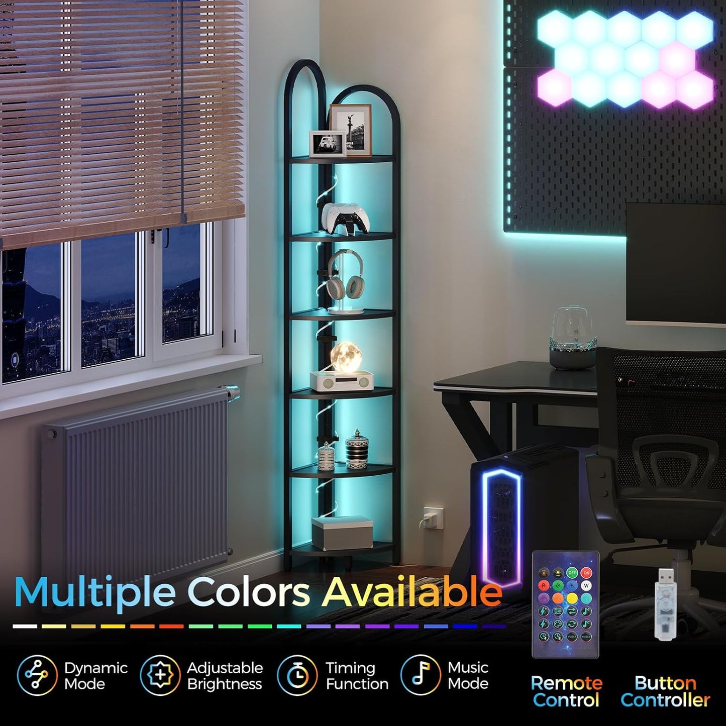 6 Tier Corner Shelf with LED Light, 74.6'' Tall Corner Bookshelf Stand, Narrow Display Bookcase with Storage Rack for Wall Corner, Living Room, Bedroom, Small Spaces, Black CSBK66101