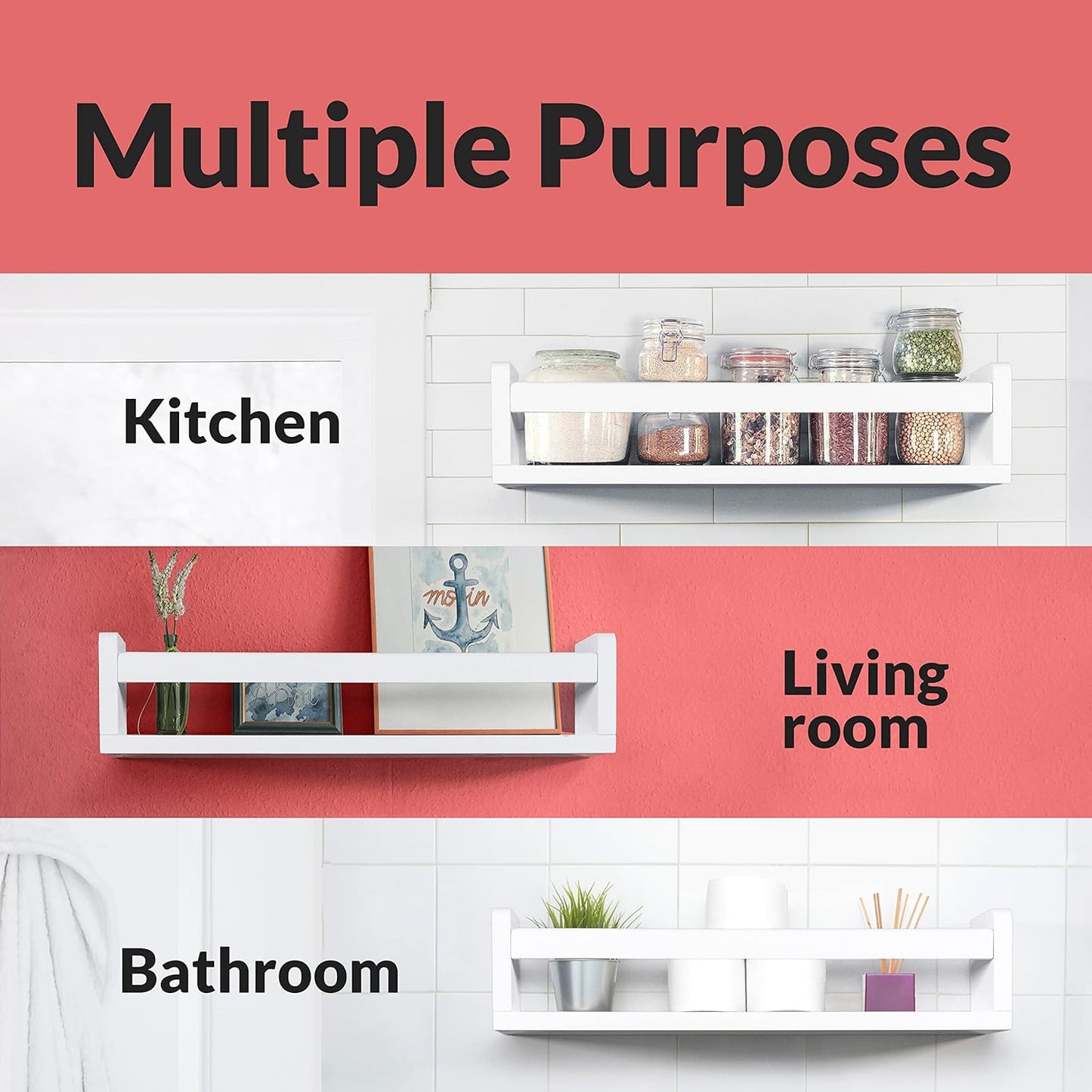 NATURE SUPPLIES Set of 3, 16.4" White Floating Nursery Shelves for Wall, Kids Bookshelf for Bedroom, Nursery Storage, Decorative Display for Kids Rooms, Modern Wall-Mounted Organizer for Home