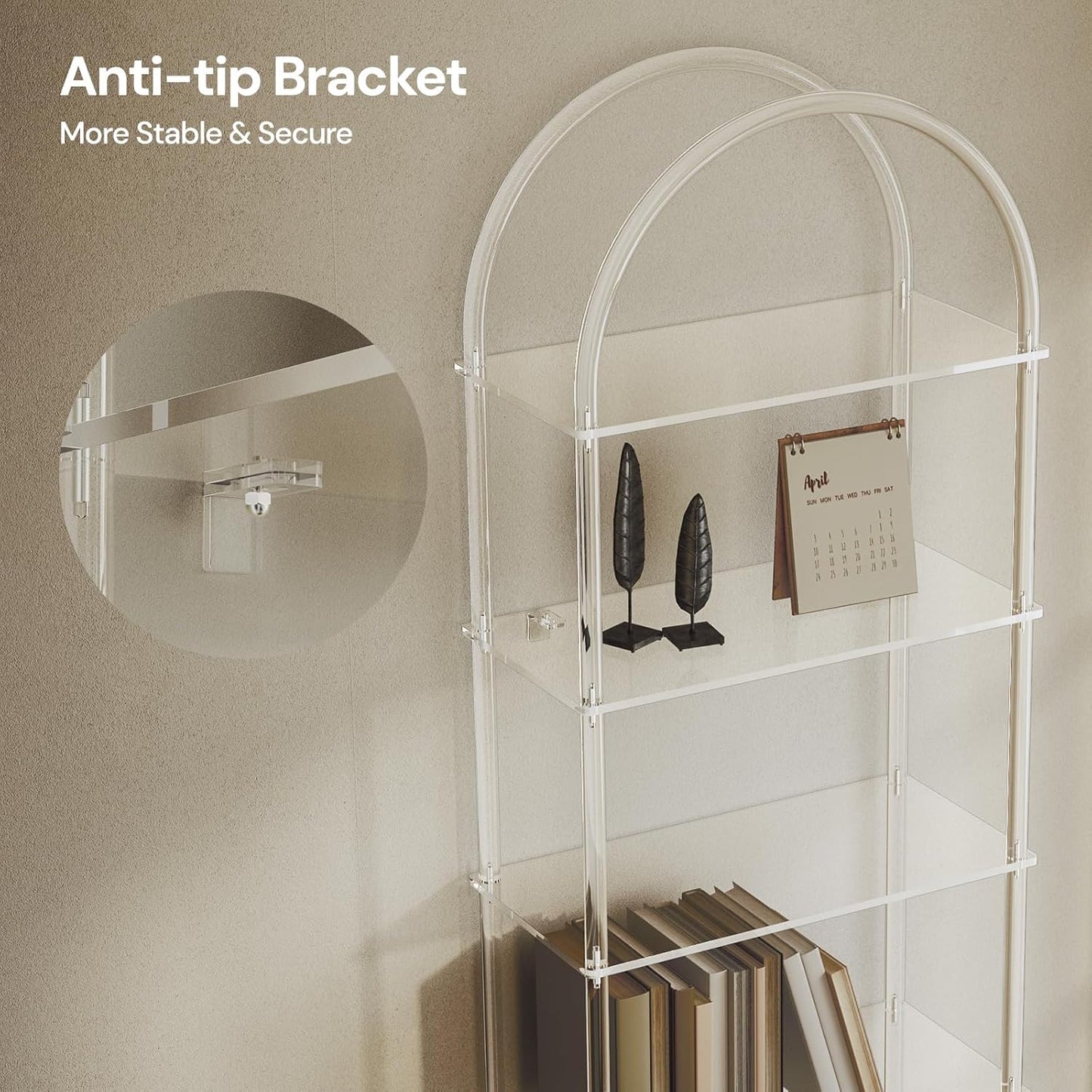 Acrylic Arched Bookshelf, 5-Tier Clear Bookcase, Modern Open Book Shelves for Home Office, Bedroom, Living Room, 11.8" D x 23.64" W x 65.7" H
