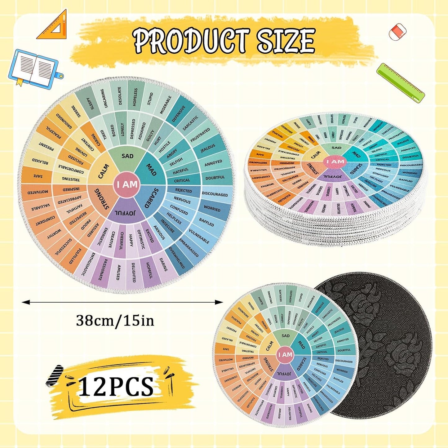 OBUSATT 12Pcs Carpet Circle Seats 15 Inch Round Classroom Rug Calming Corner Supply Non Slip Floor Cushions Mat for Back to School Mental Health Nursery Learning Playing Areas Decor(Feelings Wheel)
