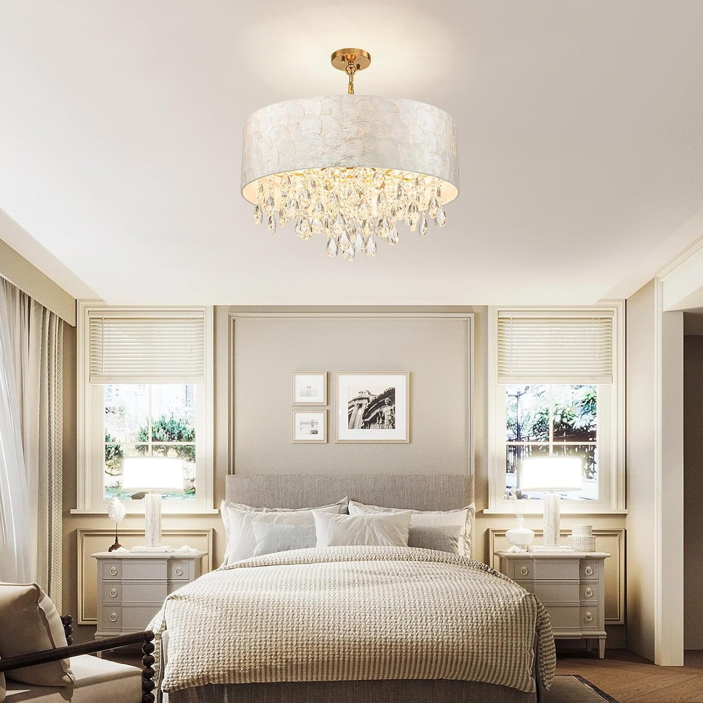 X-Large 6-Light Drum Capiz Shell Crystal Chandeliers, Coastal Style Pendant Light Fixture for Dining Room, Living Room, D24 x H23~71 inch(Adjustable), Shell Lampshade & Gold Finish