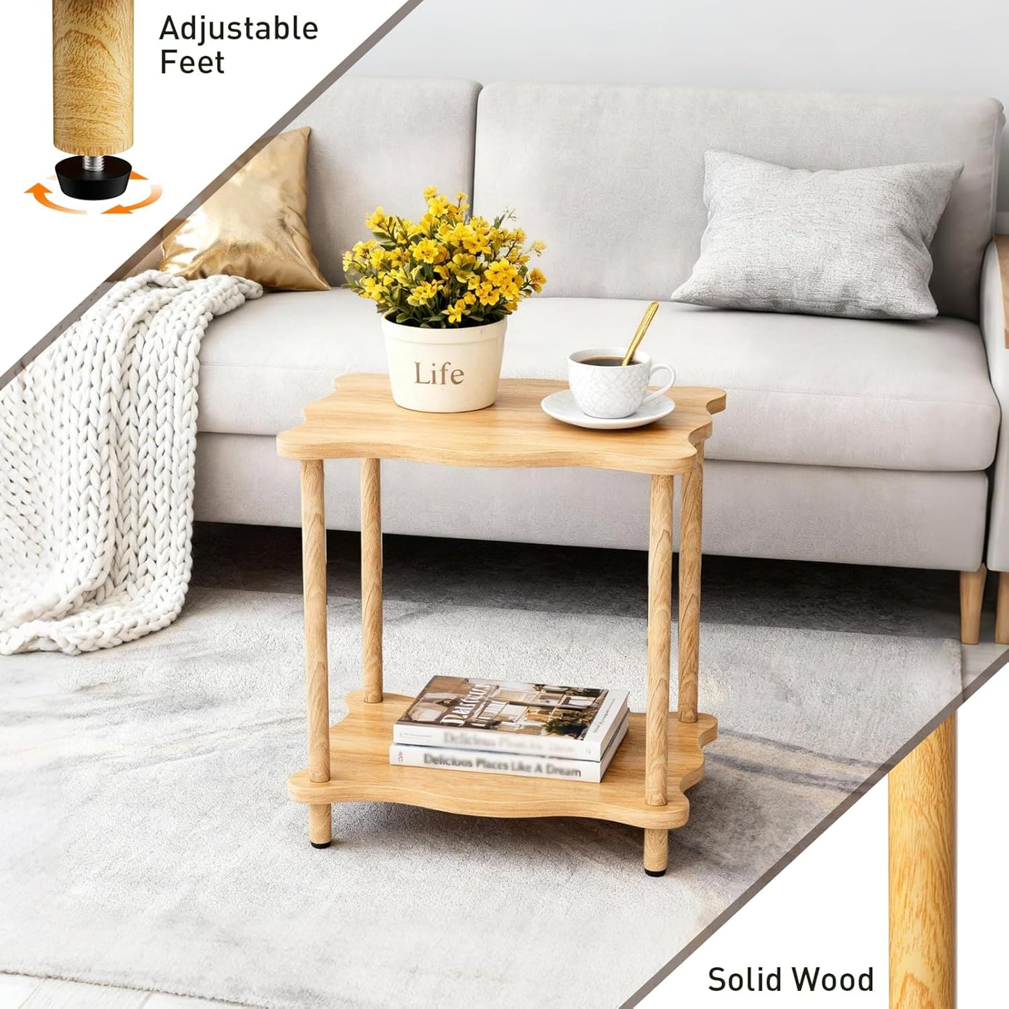 2-Tier Low Side Table 17”H, Space-Saving Small Nightstand with Solid Wood Legs, Tool-Free Assembly, Suitable for Reading Chair, Bedside, Balcony, 15.7”D x11.8”W, Burlywood