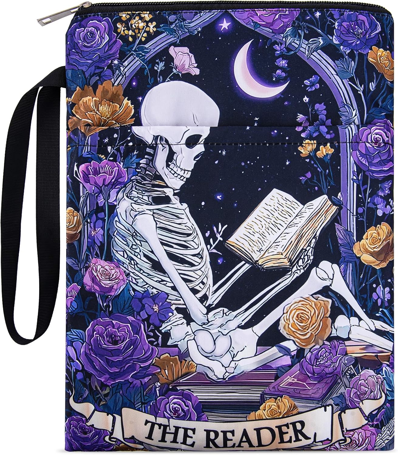 Gothic Skeleton Book Sleeve - Floral Books Covers Protector with Zipper and Pocket for Paperbacks Reading Lover Accessories Birthday Halloween Christmas Gift for Women Teacher Student