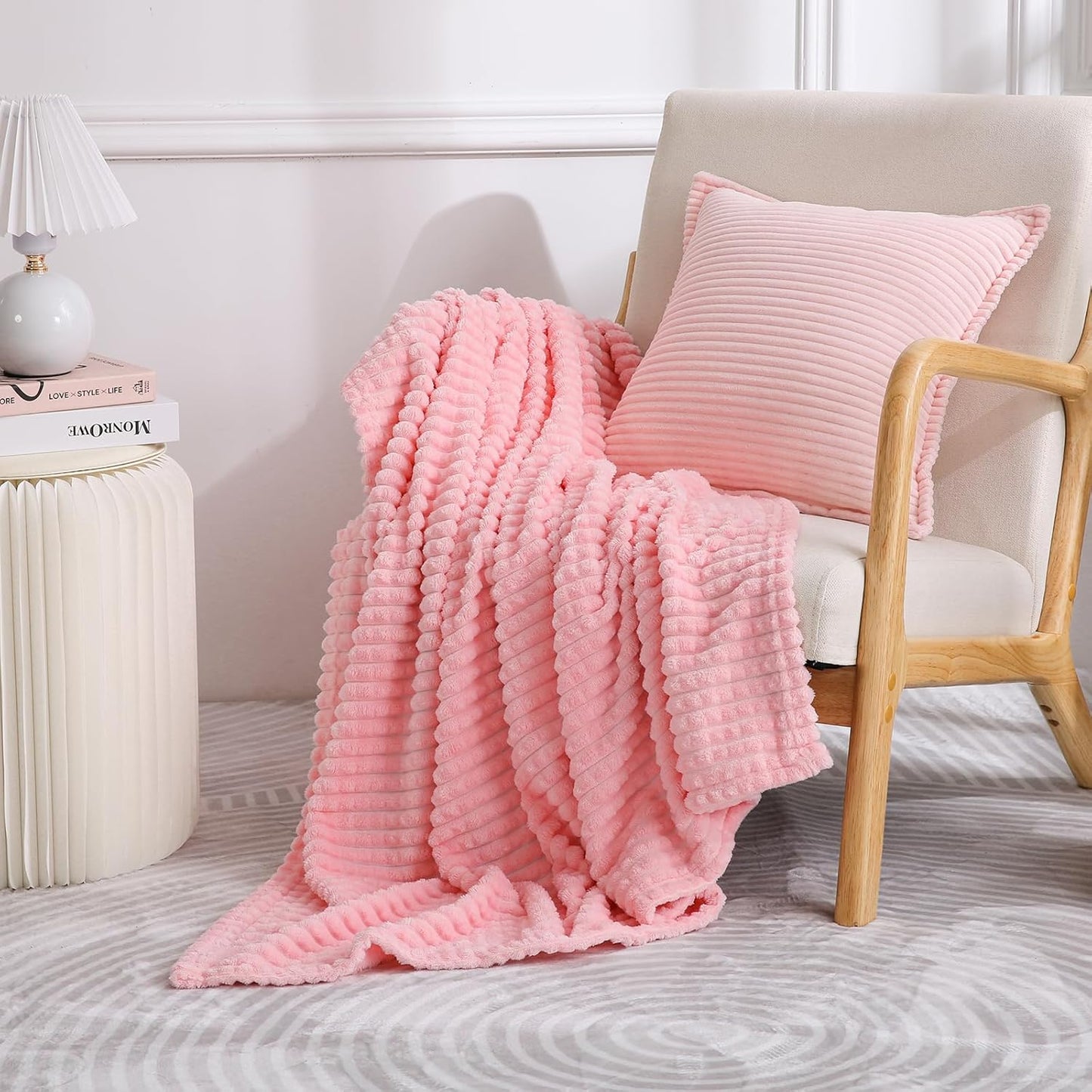Puncuntex Flannel Fleece Throw Blanket Light Pink 90"×90",Super Soft Plush Cozy Blanket with Square Grid Design Luxury for Couch Sofa Chair