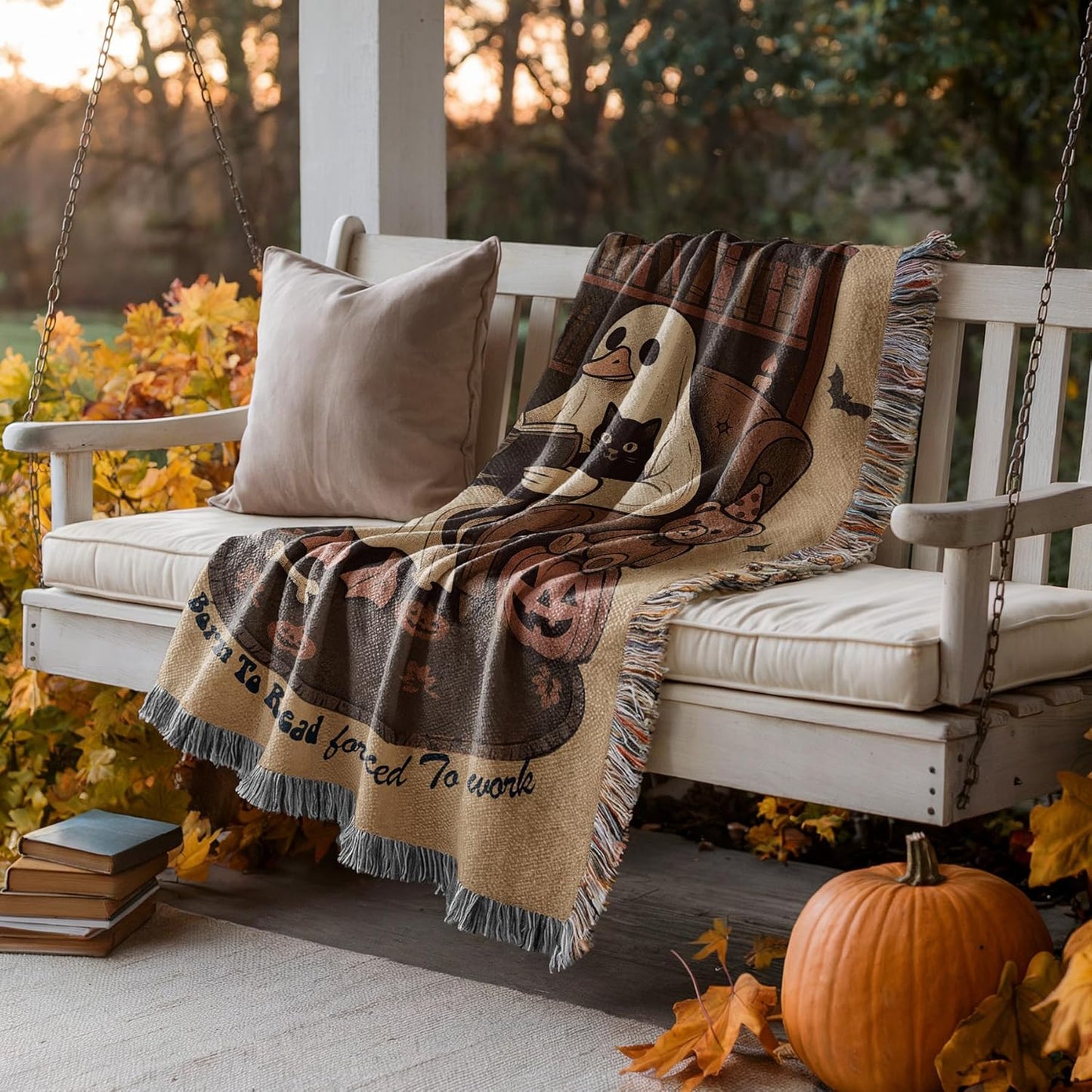 Born to Read Halloween Blanket – Ghost Reading Woven Throw – Cozy Fall Blanket for Book Nook, Gift for Readers & Spooky Decor