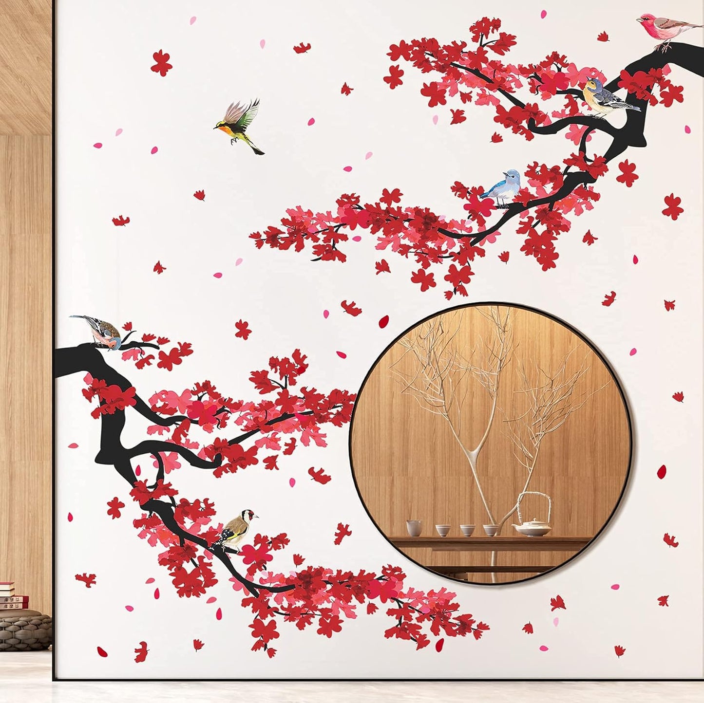 3D Red Plum Branch Wall Sticker Creative Flower Birds Frolic Pastoral Style Wall Decals Removable Peel and Stick for Kids Girls Bedroom Living Room Office TV Background Classroom Art Wall Decor (A)