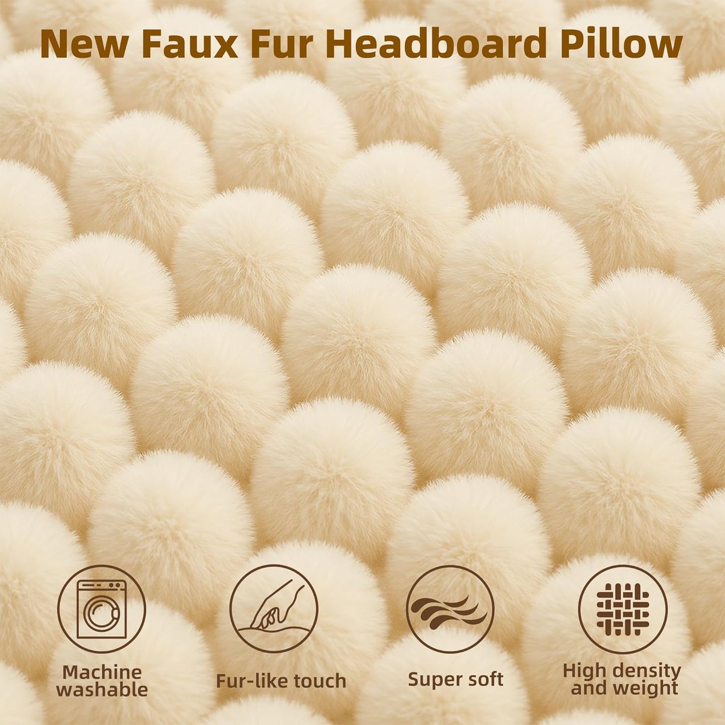 Luxury Faux Fur Headboard Pillow Queen Size - Large Triangular Wedge Cushion for Bed & Sofa, Fluffy Reading Backrest Bolster with Detachable Neck Roll, Washable Cover & Side Pocket, Ivory