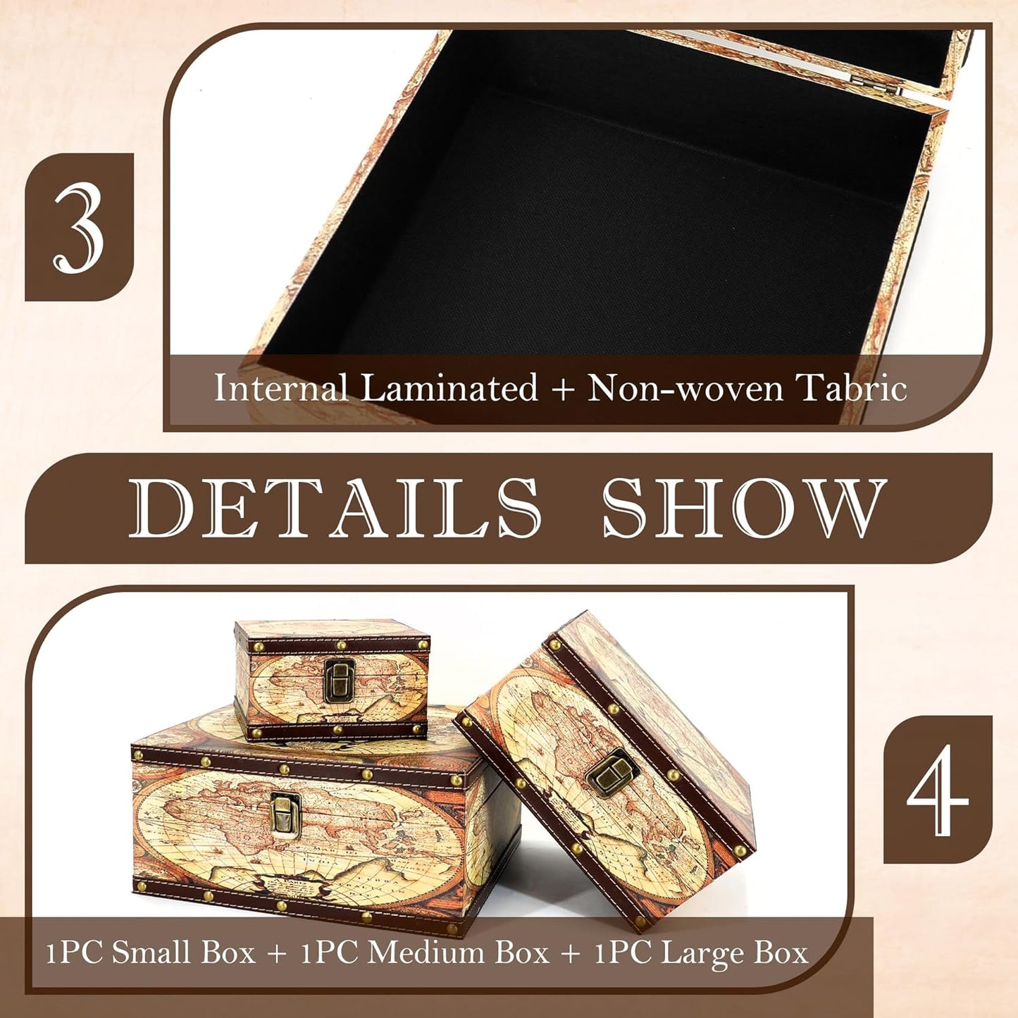 Jolitac Wooden Storage Box Set of 3, Antique-Looking Storage Containers with Secret Compartments Vintage Nesting Keepsake Chests for Jewelry, Cash, Photos Travel-Friendly & Stackable (Map)