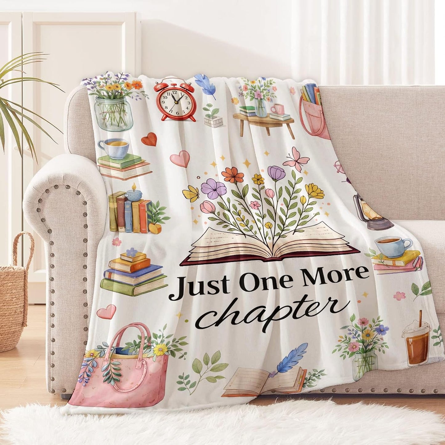 Reading Books Blanket for Book Lovers and Nerd, Flannel Watercolor Floral Blankets, Book Club Gifts, White Soft Warm Cozy Throws for Sofa Couch Bed Living Room Bedroom Home Decor 60" x 50"
