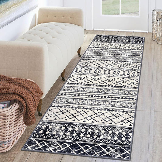 KUTA 2x6 Non-Slip Washable Runners for Hallways,Black Navy Blue Moroccan Boho Distressed Geometric Vintage Kitchen Runner, Ultra Soft Floor Mat for Entryway, Bathroom, Laundry, Living Room, Bedroom