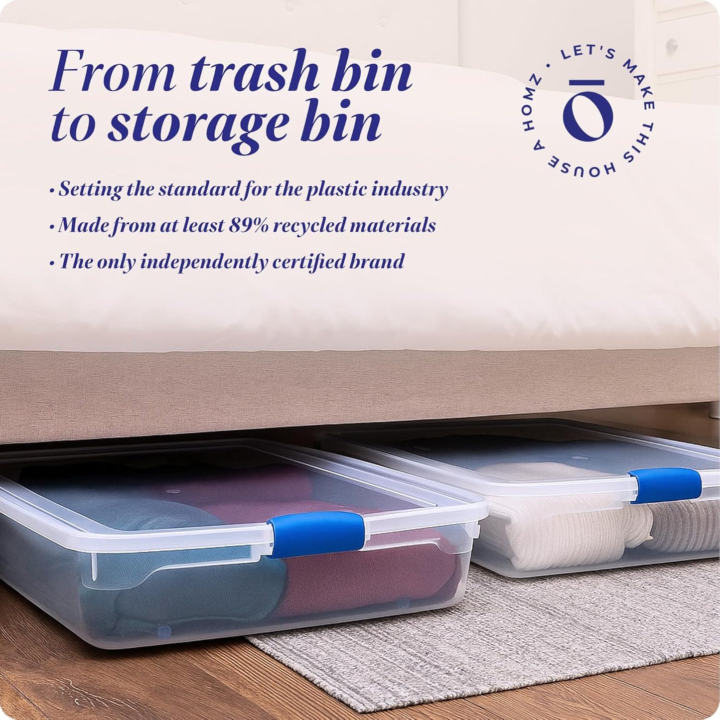 HOMZ 2-Pack Under Bed Storage, Clear Plastic Containers with Lids, 56 Quart, Blue Latch - Stackable Underbed Organizer Bins for Shoes, Bags, Clothes, and Towels