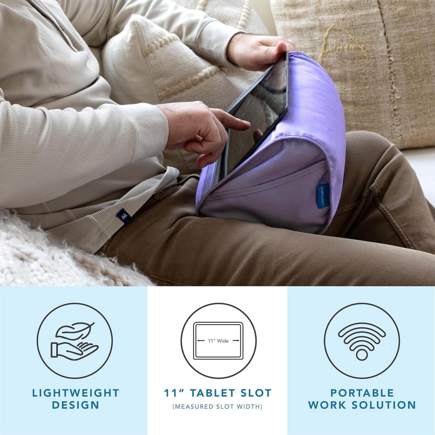 LAPGEAR Tablet Pillow Stand - 11" Slot for iPads, Galaxy Tabs, Kindles, E-Readers & Phones | Cushioned Holder with Storage Pocket & Handle | Purple Amethyst - Style No. 33102
