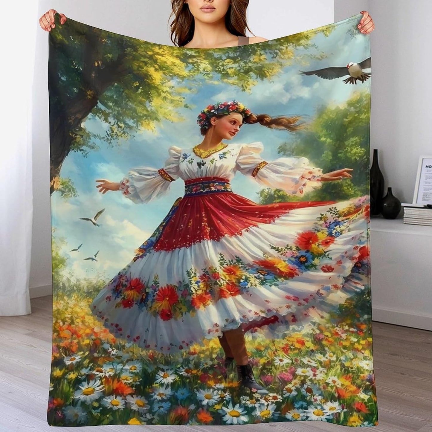 Ukrainian Woman Flower Field Throw Blanket for Couch Bed Plush Cozy Fuzzy Flannel Blanket for All Season 60"x80"