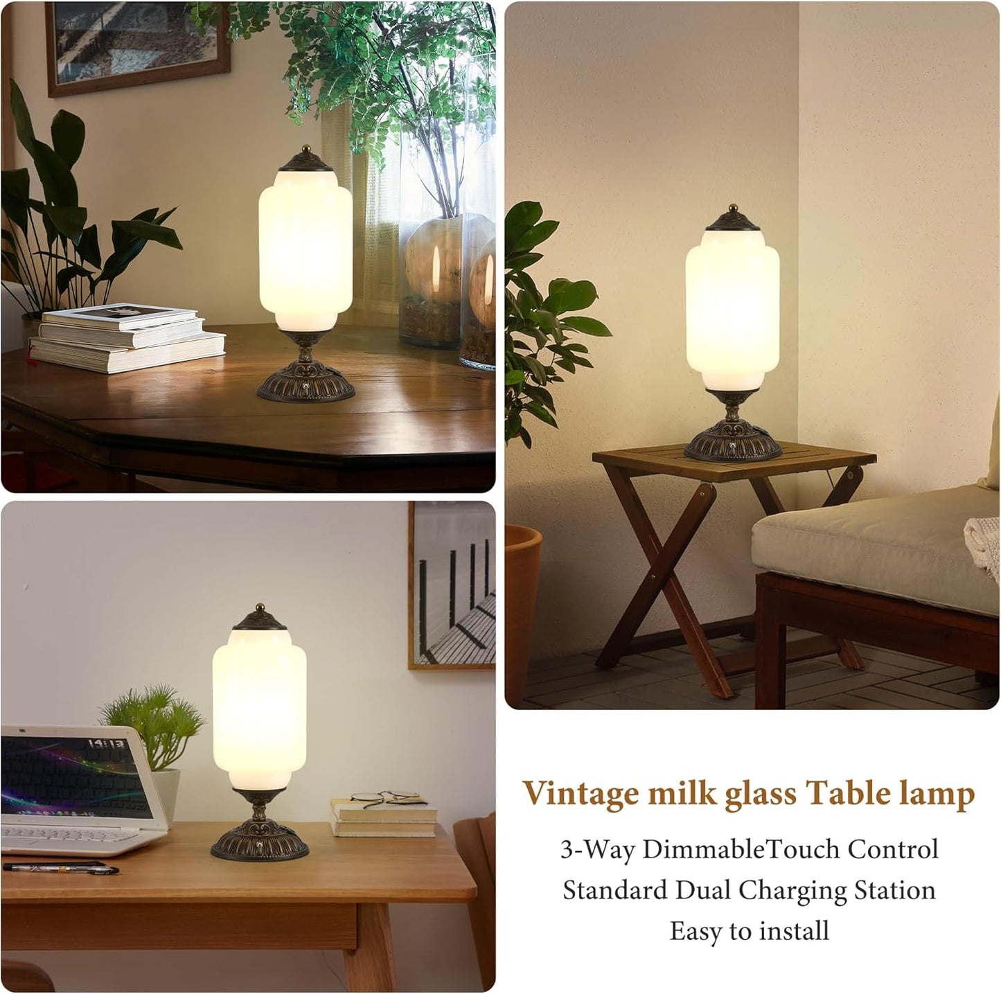 Vintage Milk Glass Table Lamp - 3 Way Dimmable Touch Control - White Bedside Lamps with USB C+A Charging Ports - Cute Art Deco Modern Living room End Table Lamp for Bedroom Nightstand Tabletop(Bulbx1)