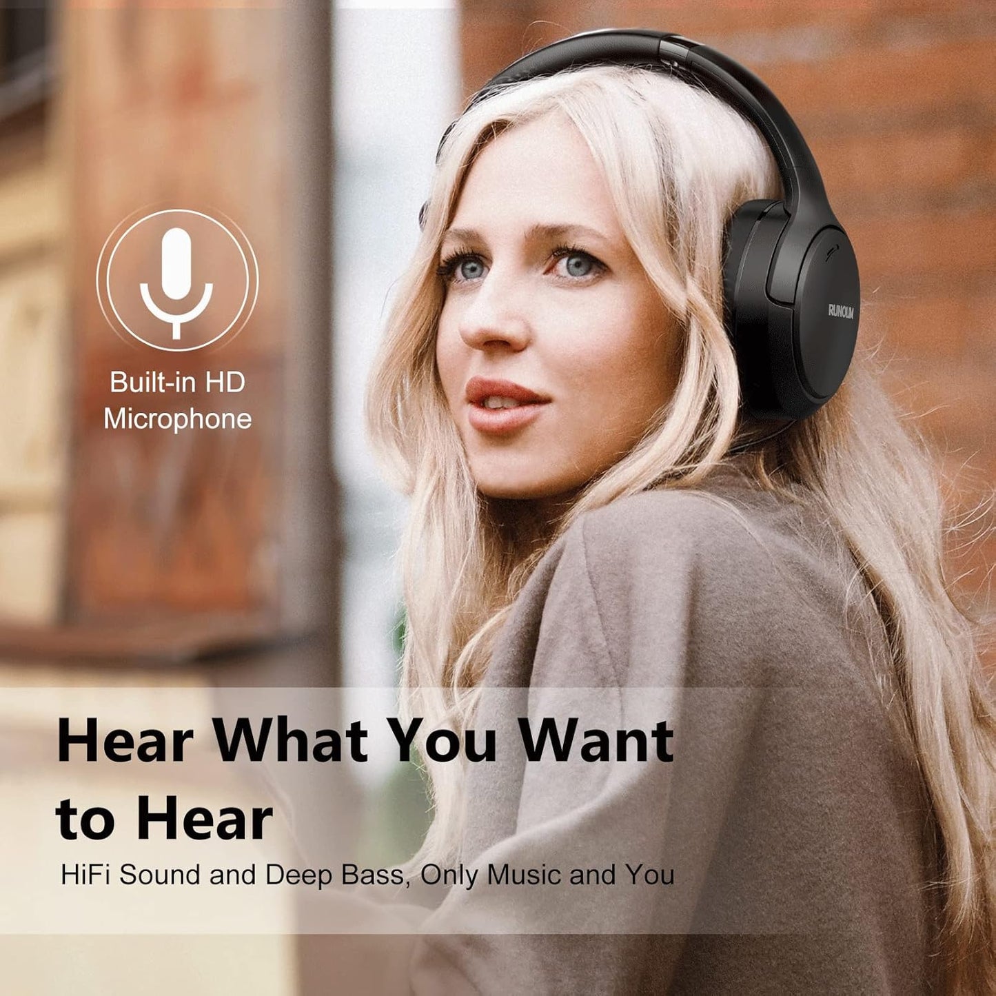 RUNOLIM Hybrid Active Noise Cancelling Headphones, Wireless Over Ear Bluetooth Headphones with Microphone, 70H Playtime, Foldable Headphone with HiFi Audio, Deep Bass for Home Travel Office