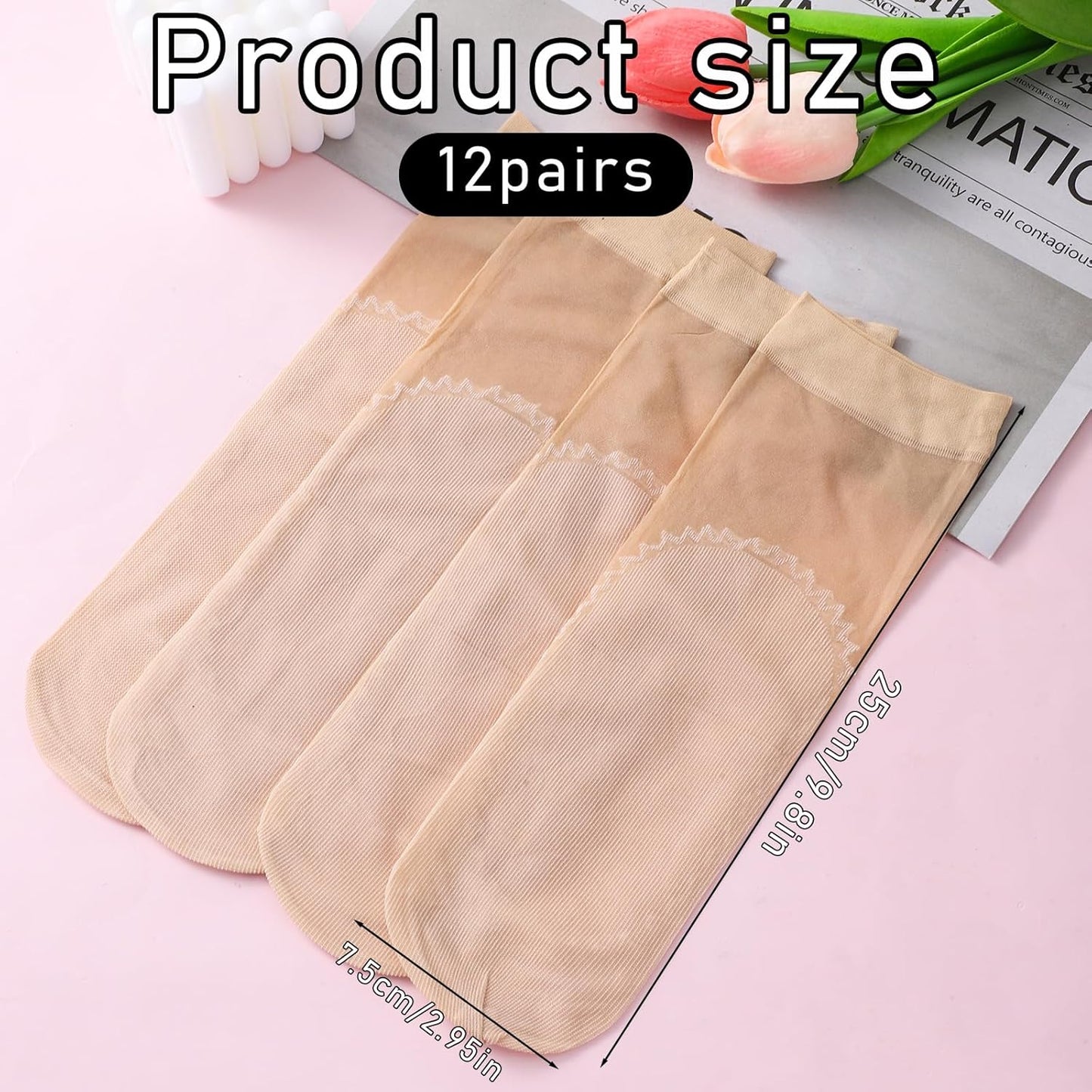12 Pairs Nylon Socks for Women, Sheer Socks Sheer Ankle High Tights Hosiery Sock Antil-Slip Ankle High Nylons for Women(Skin,Skin)