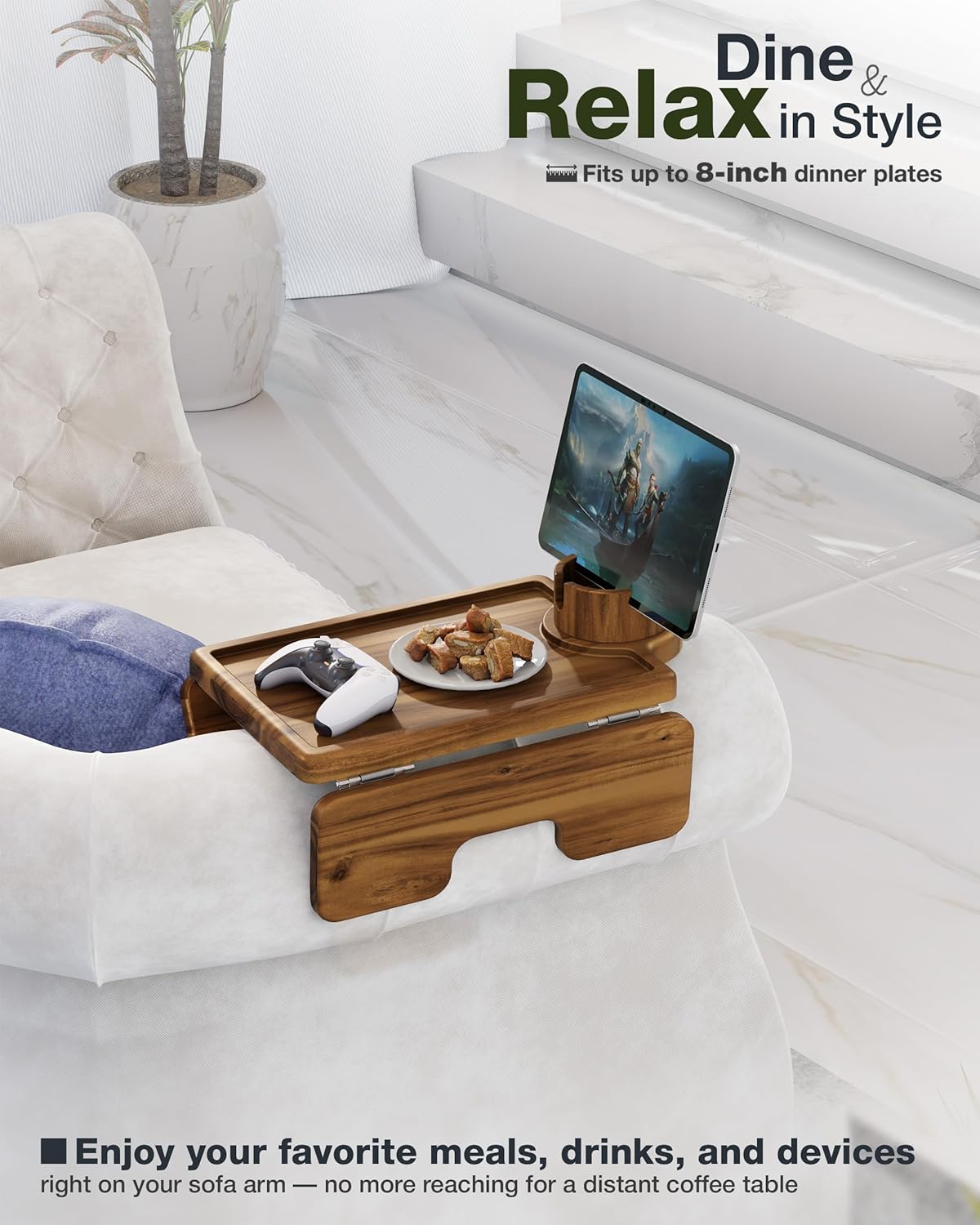 BLUEWEST Couch Cup Holder Tray & Sofa Arm Tray – Large 2-in-1 Acacia Wood Clip-On Side Table with 360° Cup Holder on Armrest, Double SS304 Hinges, Non-Slip for TV Dinners, Remote, Drinks & Snacks