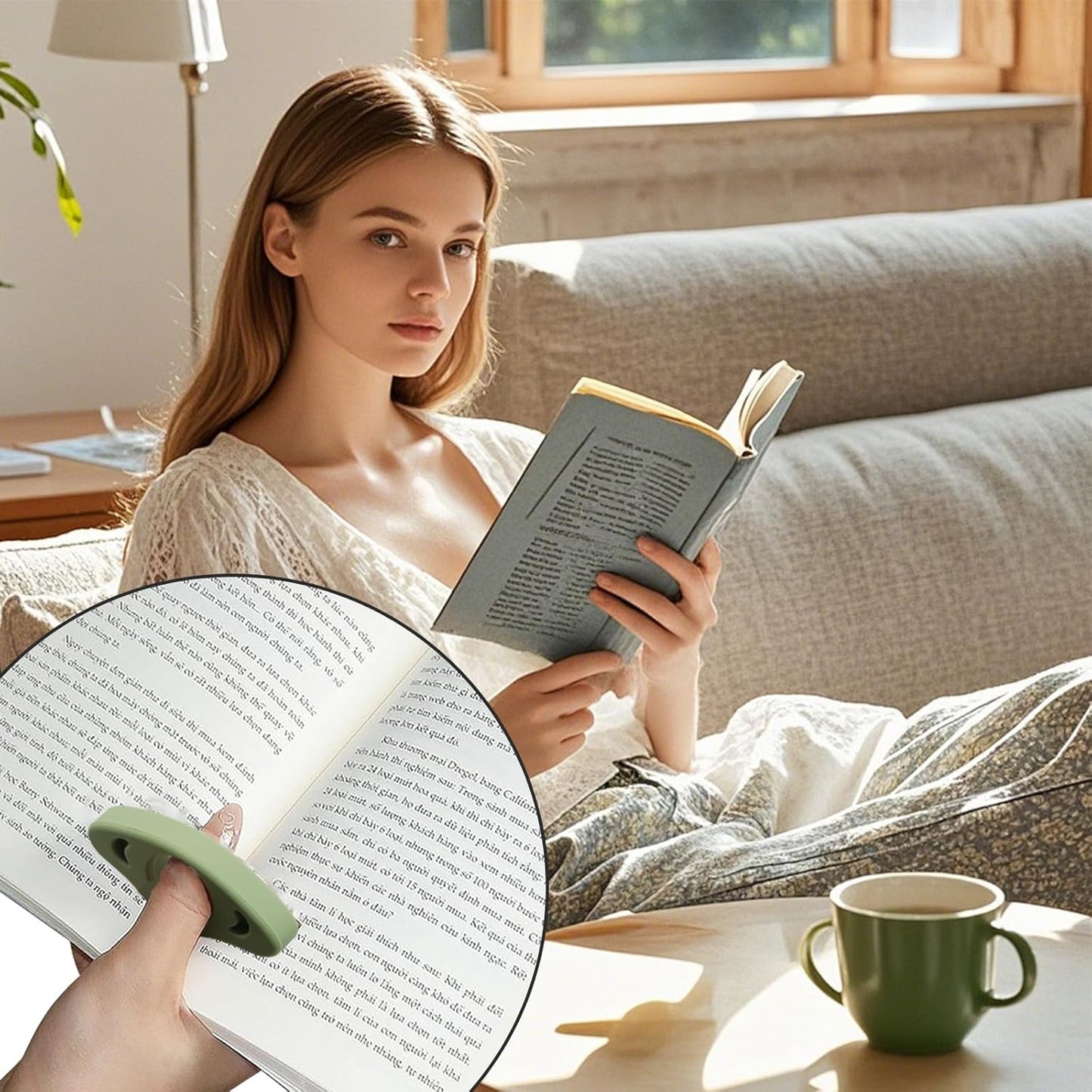 4Pcs Book Page Holder Set, 2Pcs Silicone Thumb Book Page Holder with 2Pcs Leather Bookmark - Hands-Free for Reading, Ergonomic Clip for Books, Assist Reading While Cooking or at Coffee Shop