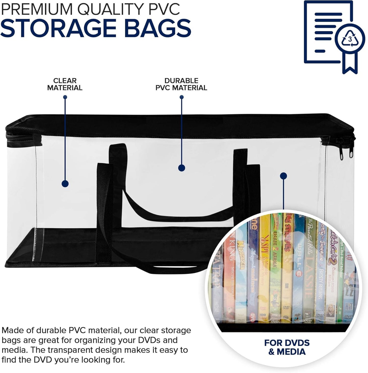 Stock Your Home DVD Storage Bags (Set of 6) Media Organizer Bag for DVDs, CDs, Blu Ray Disc, Movie Cases, VHS Box, Video Game Disks, Clear Plastic Holders with Carrying Handles and Zipper - Black