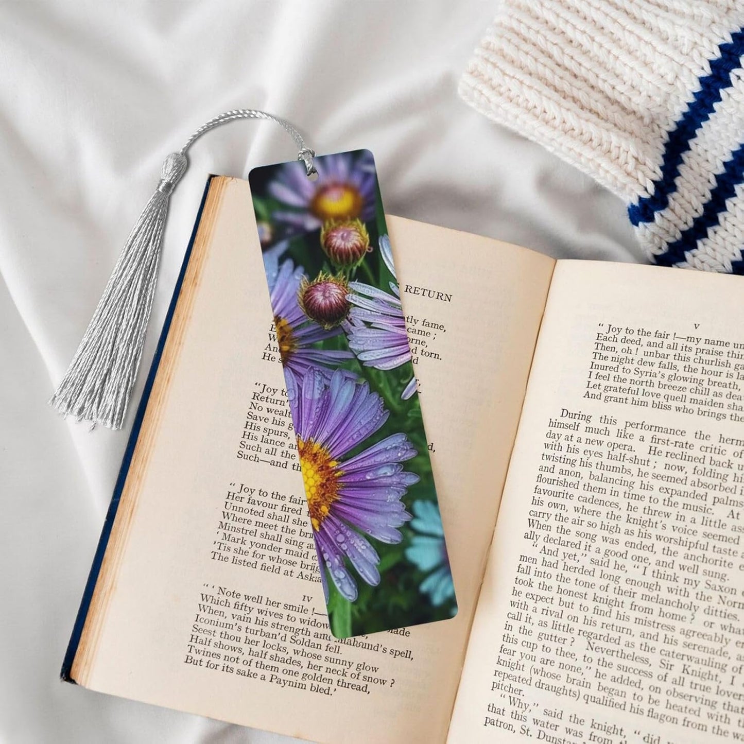 Purple Flowers in The Garden Bookmarks Gifts for Women Men, Wooden Bookmarks for Book Lovers, Vintage Book Marks Ornaments with Tassel, Unique Personalized Reading Page Markers Gray