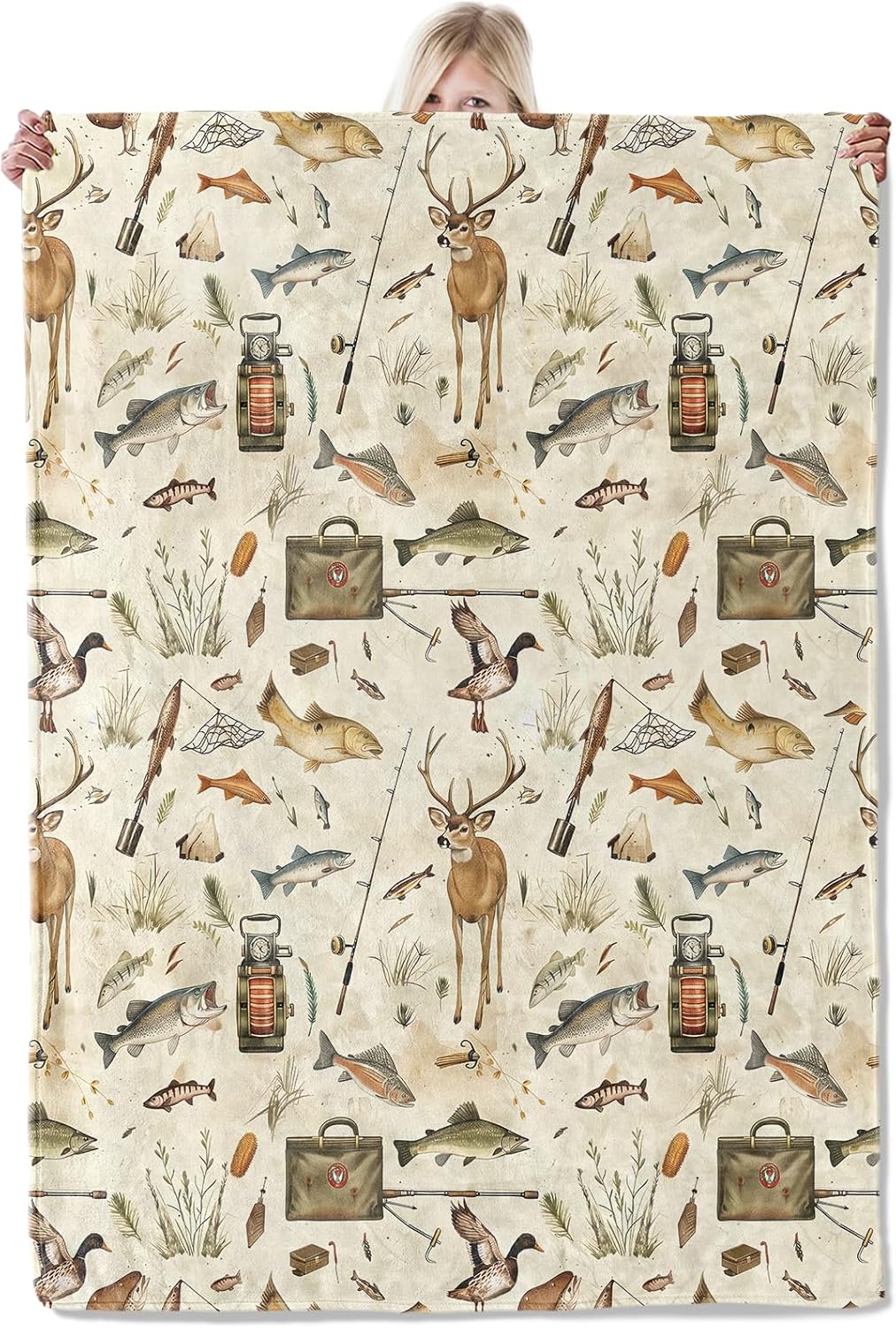 Outdoor Adventure Art Blanket 60×80 Inch,Fishing, Hunting Nature Lightweight Flannel Throw with Rustic Deer, Fish and Gear,Sportsmen Home Living Room Decor,Gifts for Adults,Nature Fans