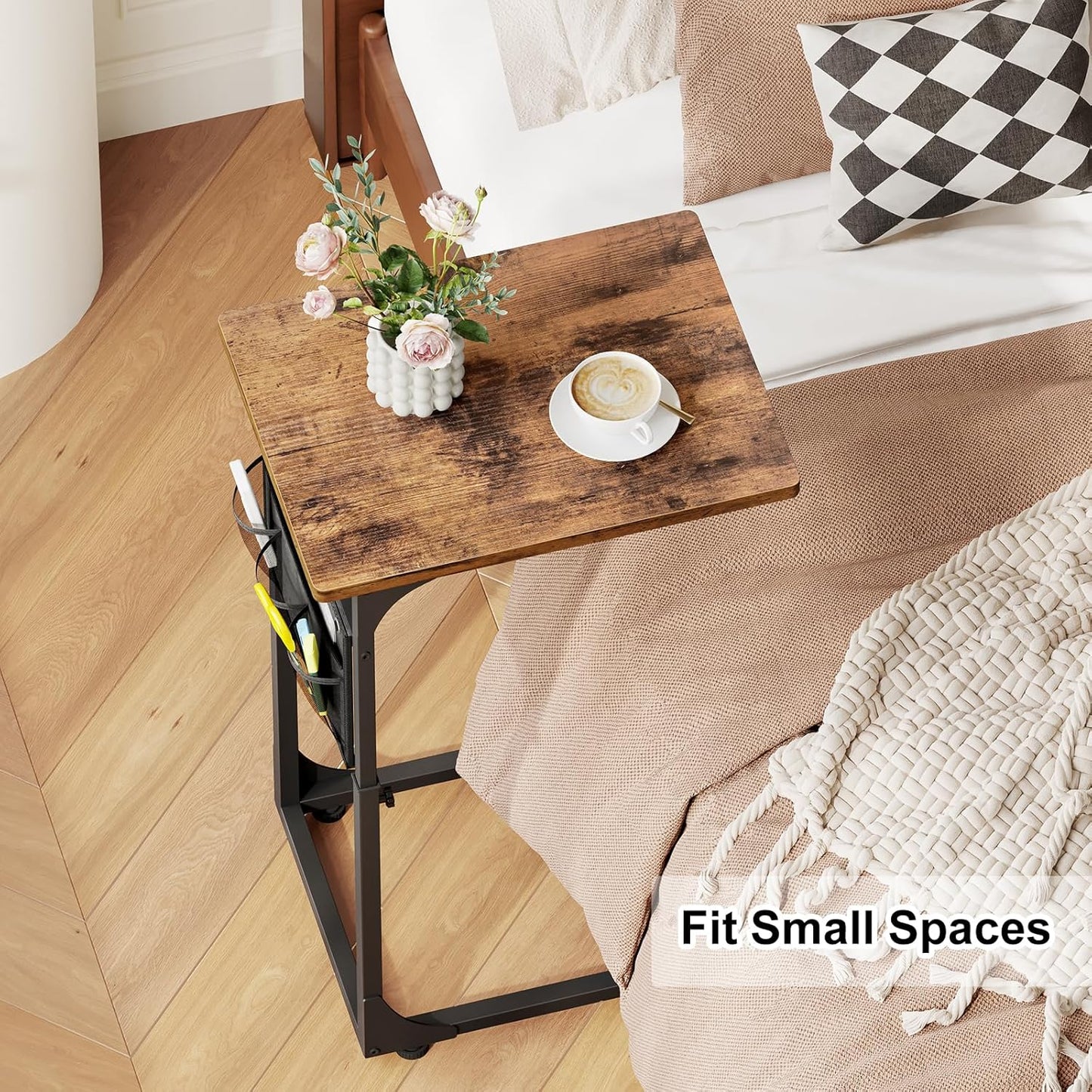 Fixwal C Shaped End Table Adjustable Height Side Table for Couch, TV Tray with Storage Bag Slide Under Sofa Small Tables for Living Room, Bedroom & Office, Rustic Brown