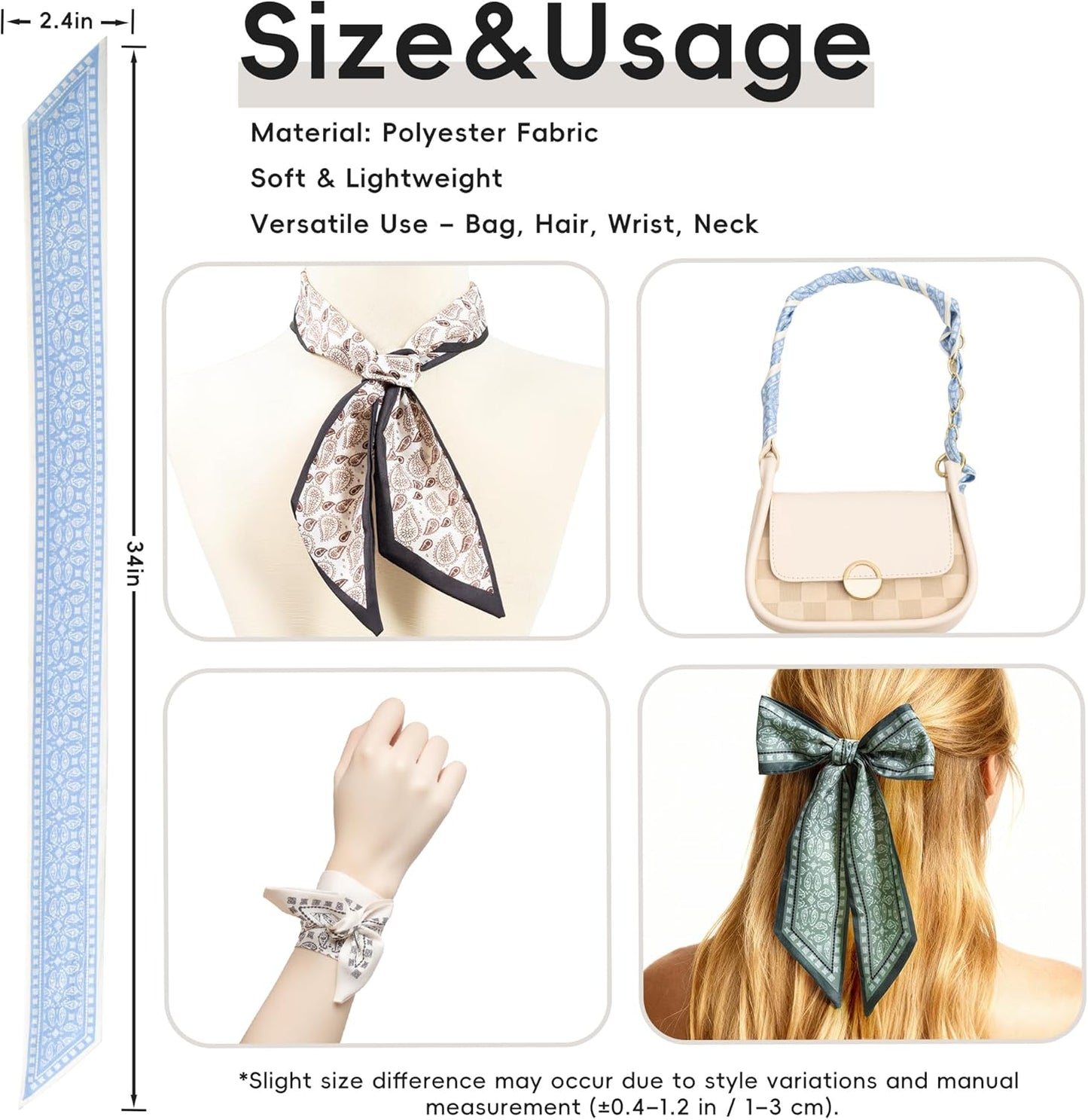 ZXZH 6 Pack Fashion Scarves for Women, Versatile Boho Head Scarf, Satin Scarf for Hair, Neck, Wrist, and Purse Accessories