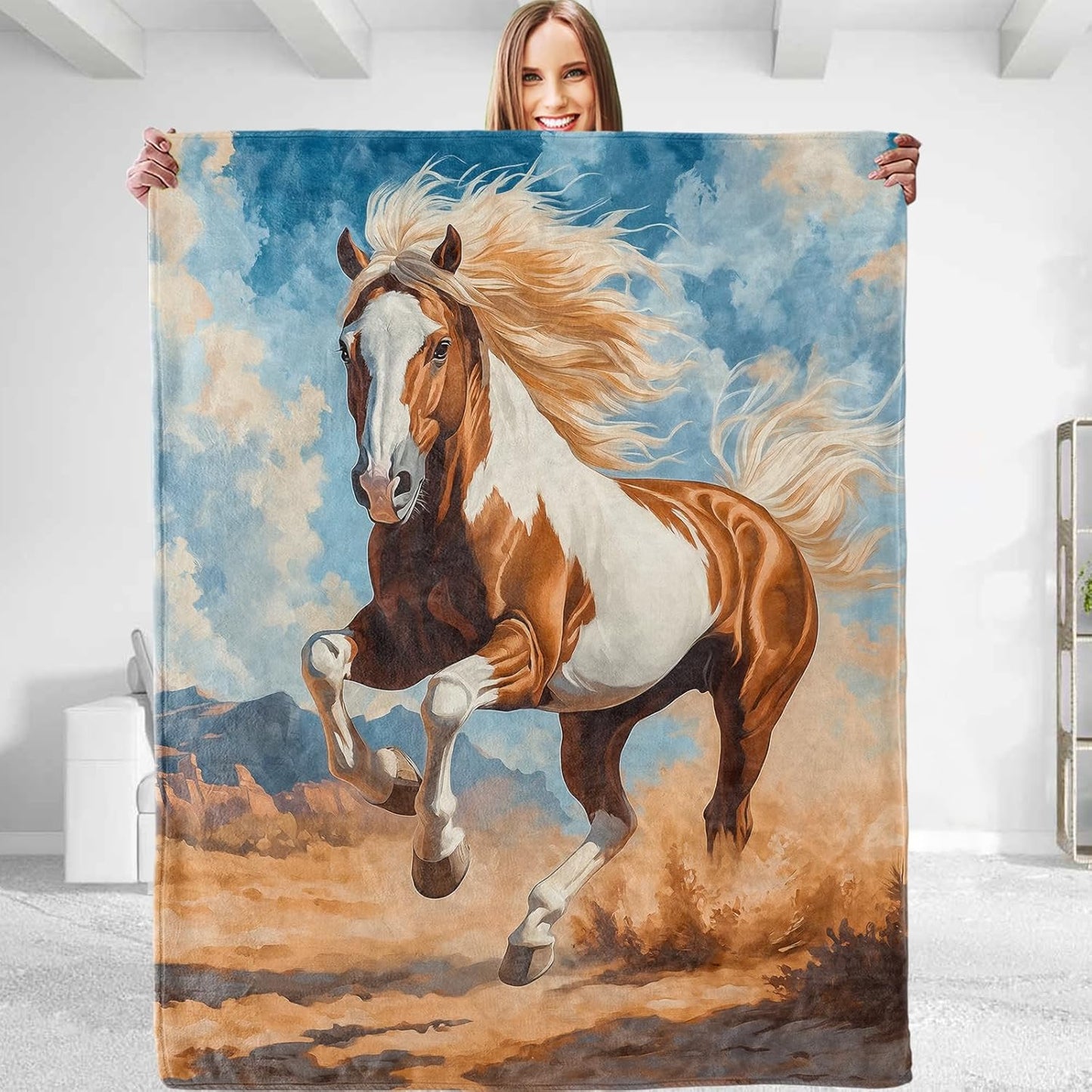 Rustic Horse Blanket,Western Style Decorative Throw with Blue Sky and Running Animal,Lightweight Flannel Blankets for Camping Farmhouse Travel,Ideal Gifts for Adults Outdoor Lovers 50"x60"