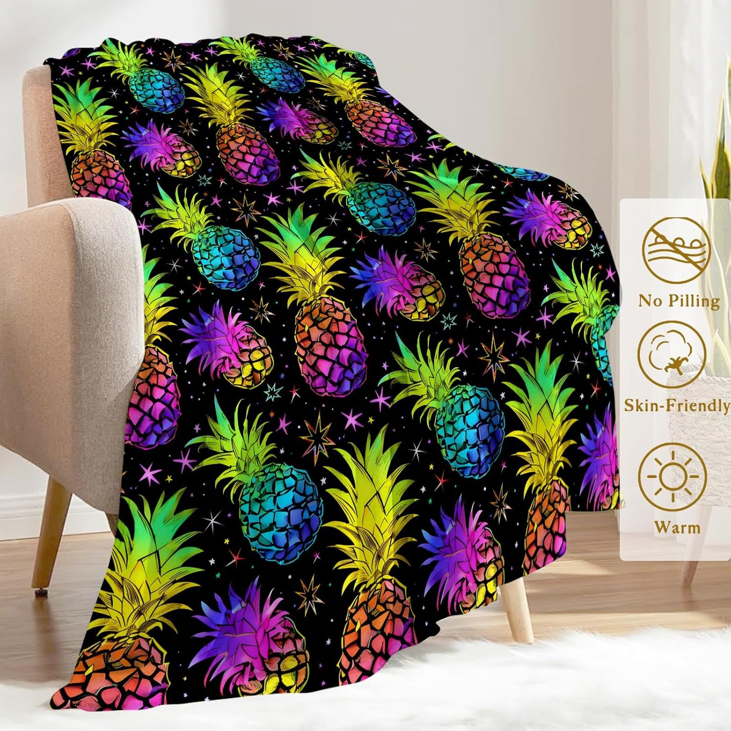 Electric Pineapple Flannel Blanket - Lightweight Soft Cozy Unique Gifts Blankets for Kids,Adult,Women,Galaxy Tropical Neon Fruit Throw,Home Room Modern Picnic Decor 50x60in
