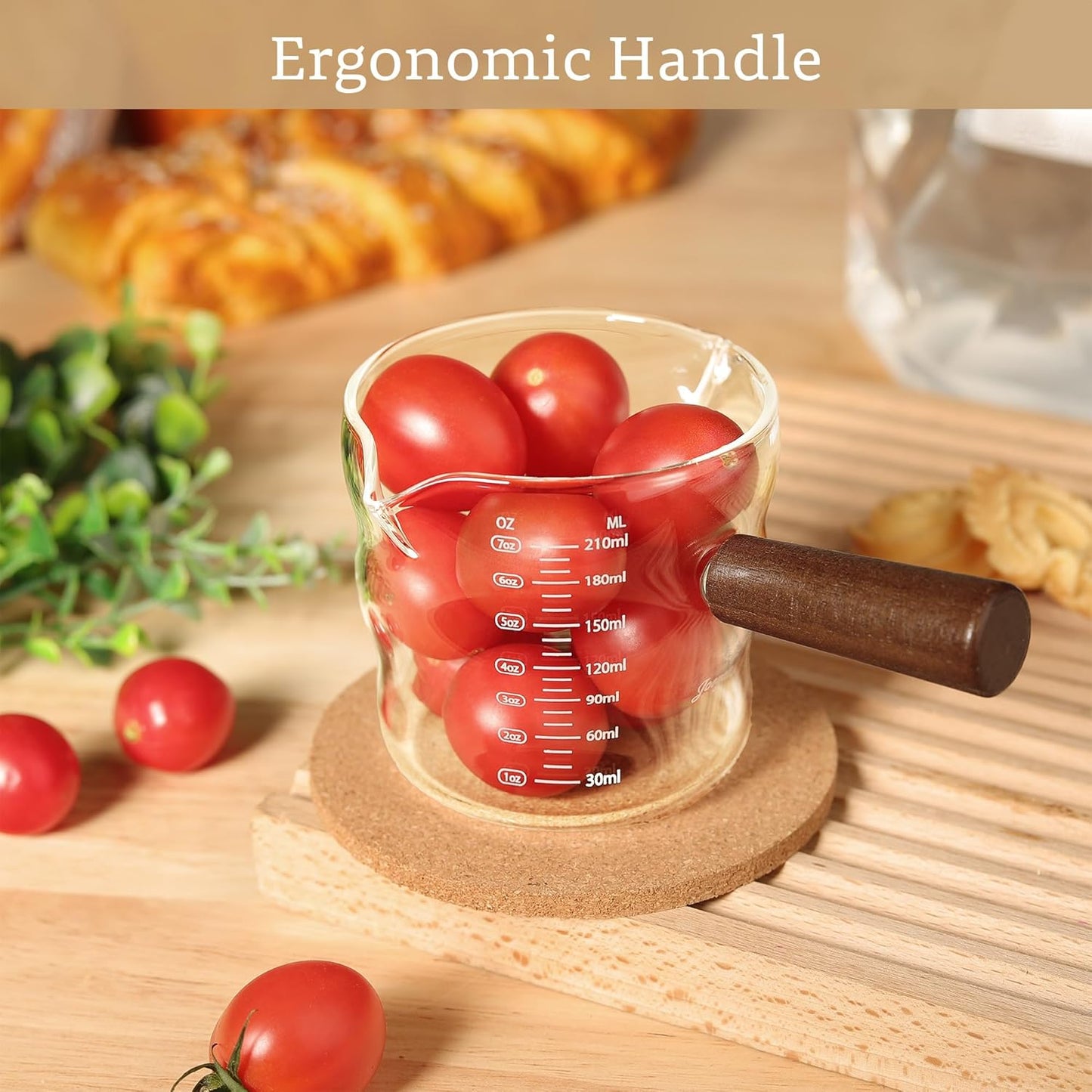 Joeyan 9 oz Espresso Cups, Espresso Shot Cups, Glass Measuring Cup with Double Spouts and Wood Handle, Wave Shaped Triple Pitcher Milk Cup, Borosilicate Clear Coffee Bar Accessories