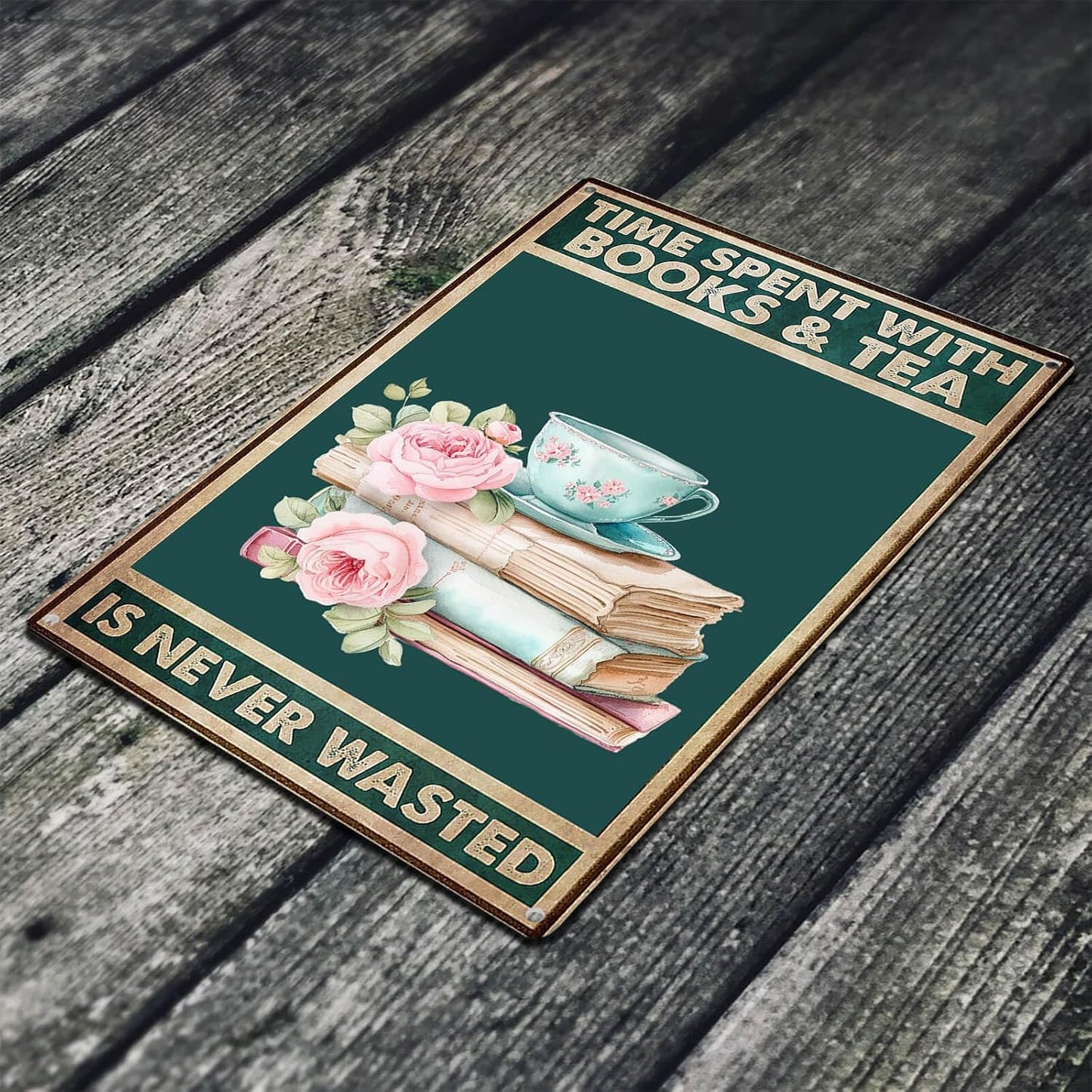 Positive Reading Posters Vintage Book Sign for Book Nook Home Kitchen Wall Art Decor Cozy - Time Spent With Books & Tea Is Never Wasted, 8X12 Inches