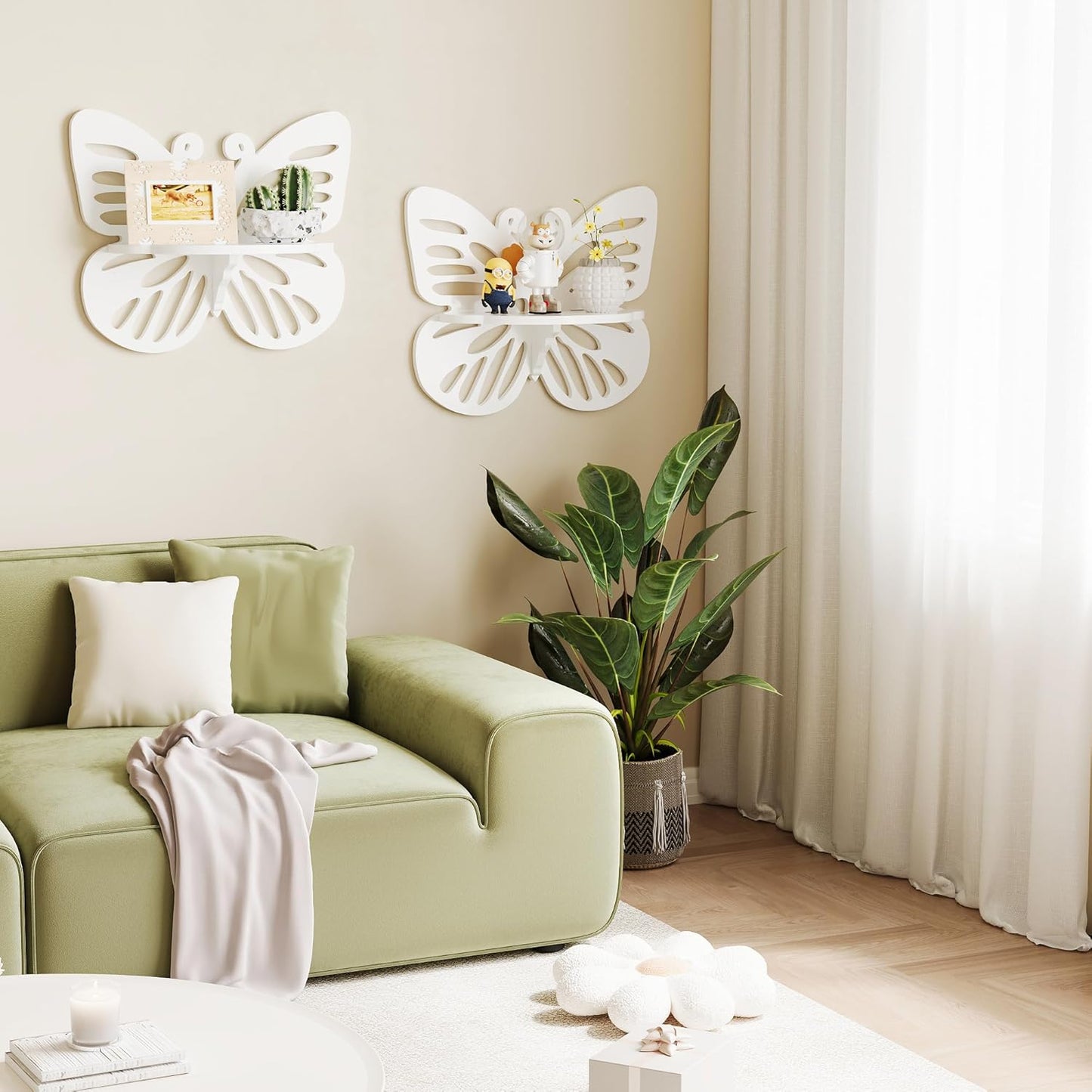 White Butterfly Shelves 2 Tier - Nursery Wall Deor Floating Shelf, Cute Wall Display Rack for Kid’s Room, Small Decorative Shelf Wall Mounted, Hanging Wall Shelf for Toys, Plants Storage.