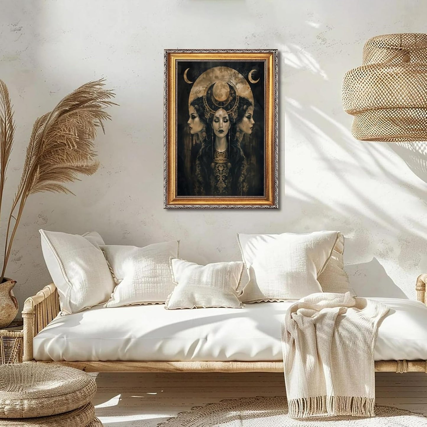 Dark Academia Wall Art Vintage Witch Moon Goddess Hecate Horror Canvas Print Gothic Victorian Mystical Artwork Celestial Pagan Decor Poster for Bedroom Living Room 12x16inch Retro Gold Frame
